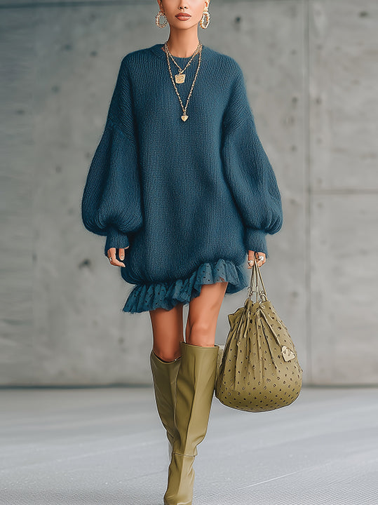 Blue Knit Mini Dress With Balloon Sleeves And Tulle Ruffle Hem