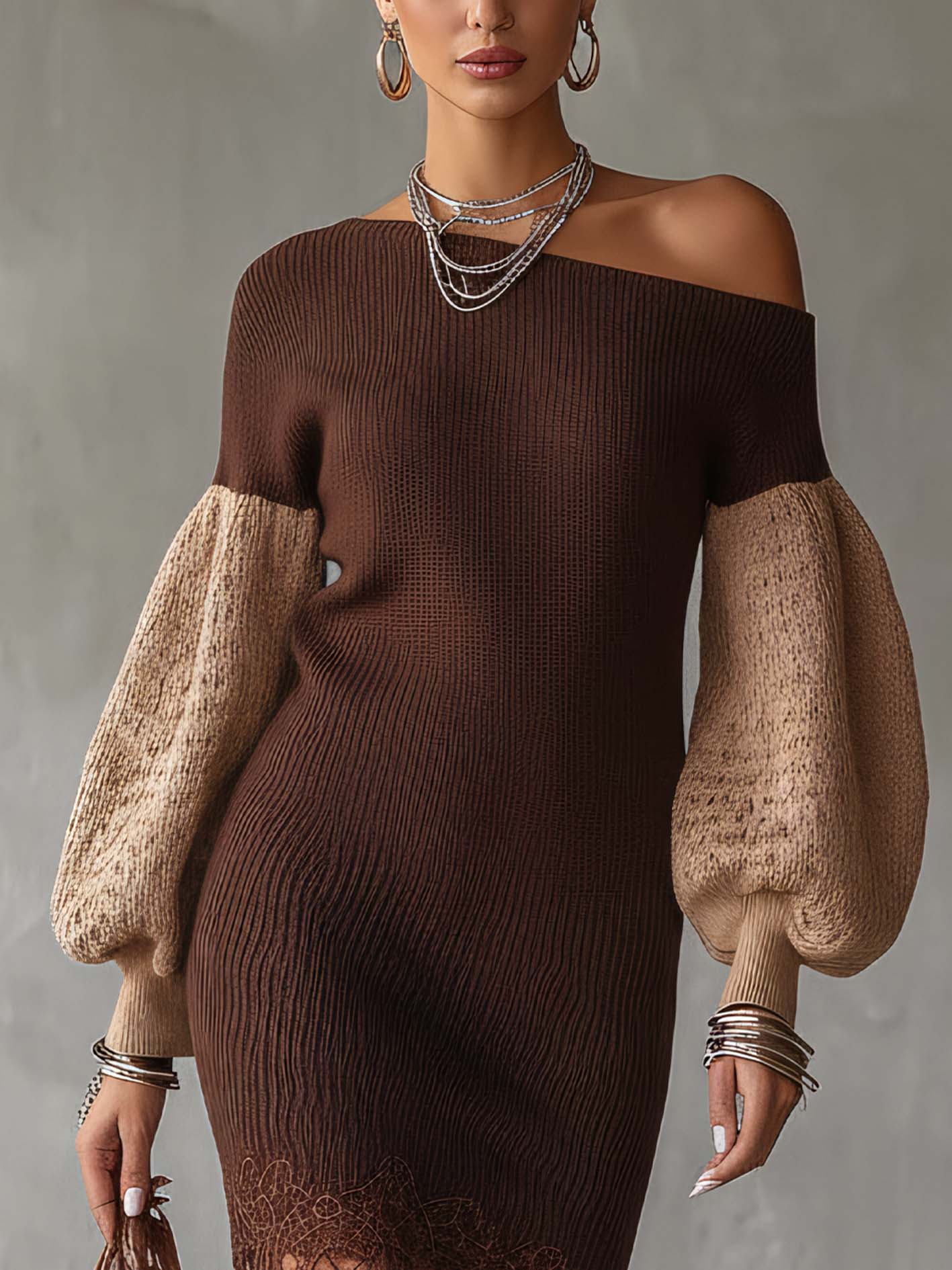 One Shoulder Brown Knit Mini Dress With Textured Sleeves And Lace