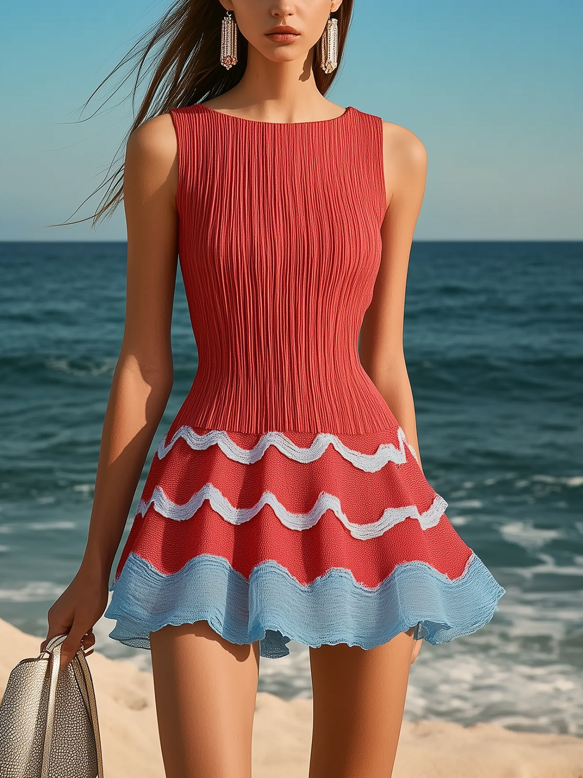 Stylish Sleeveless Red And Blue Textured Mini Dress
