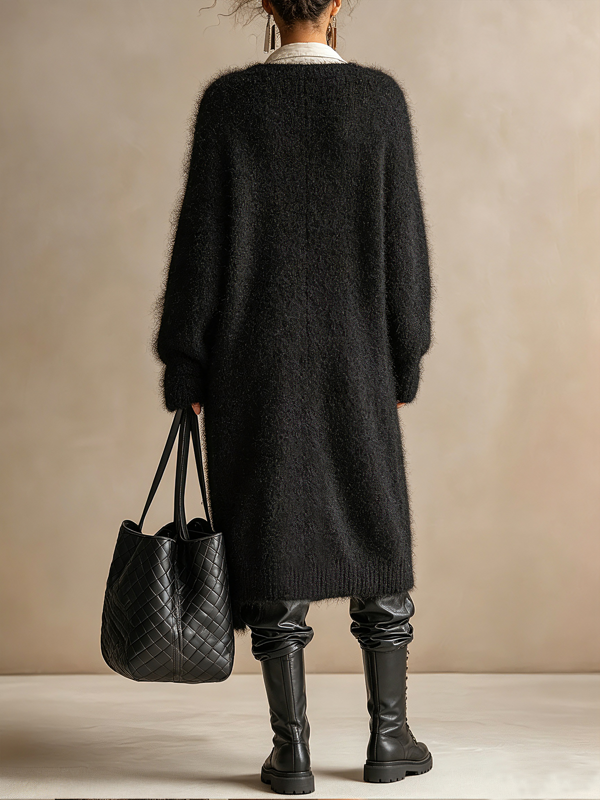Black Fuzzy Mohair‑Blend Long Button‑Front Cardigan