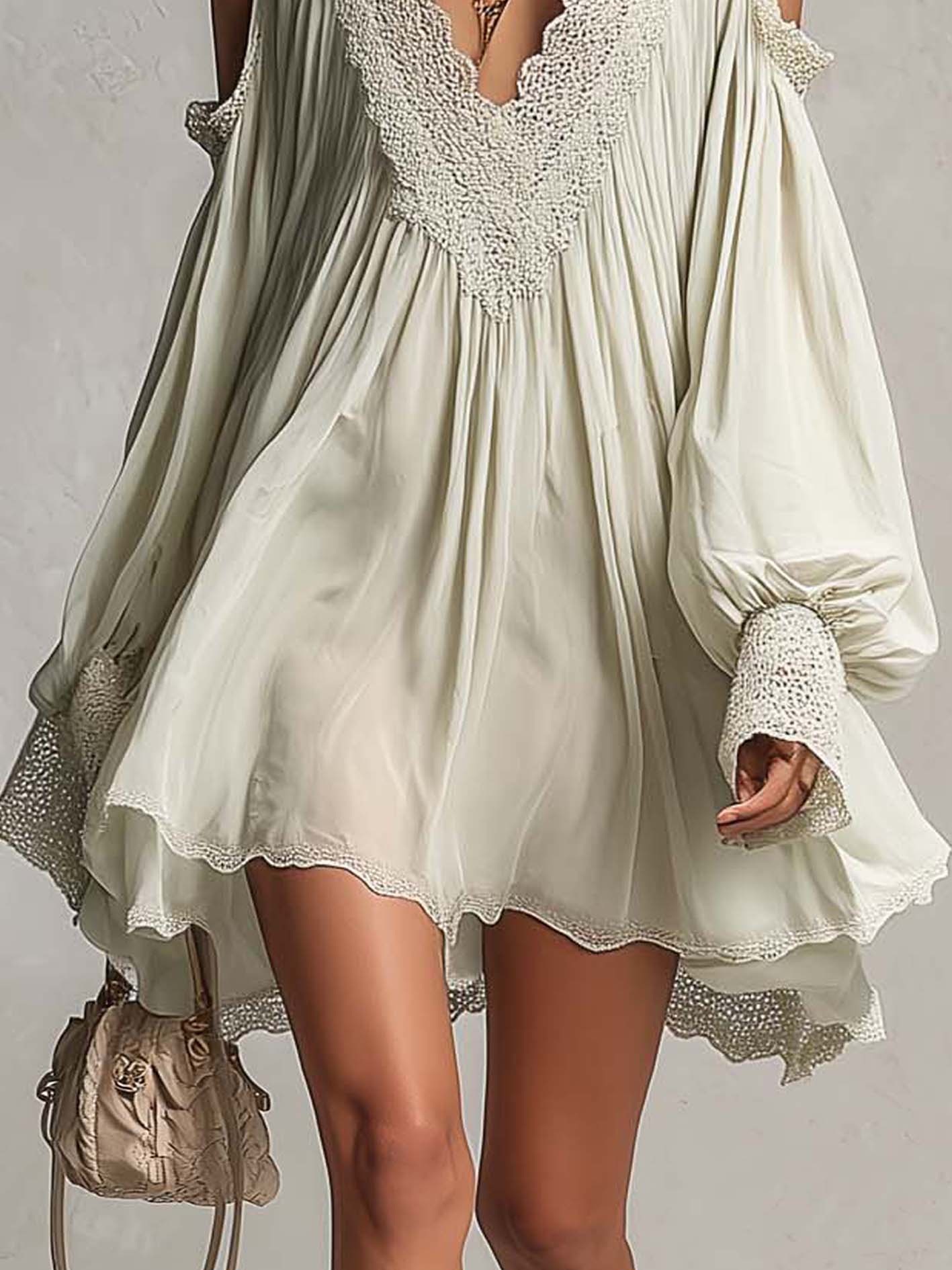 Light Green Lace Patchwork Cold Shoulder Chiffon Mini Dress
