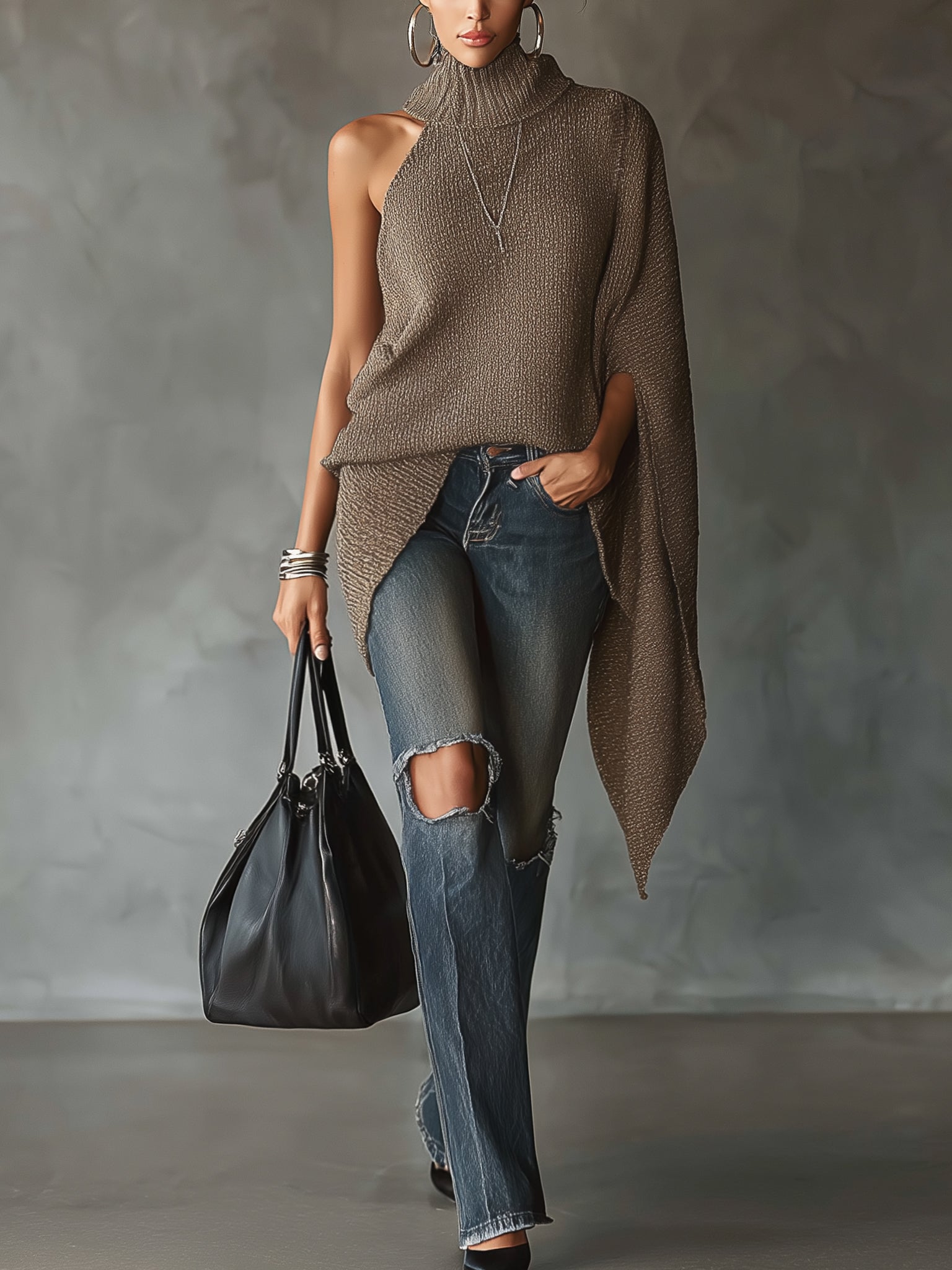Taupe Asymmetric Sleeve Turtleneck Loose Knit Sweater
