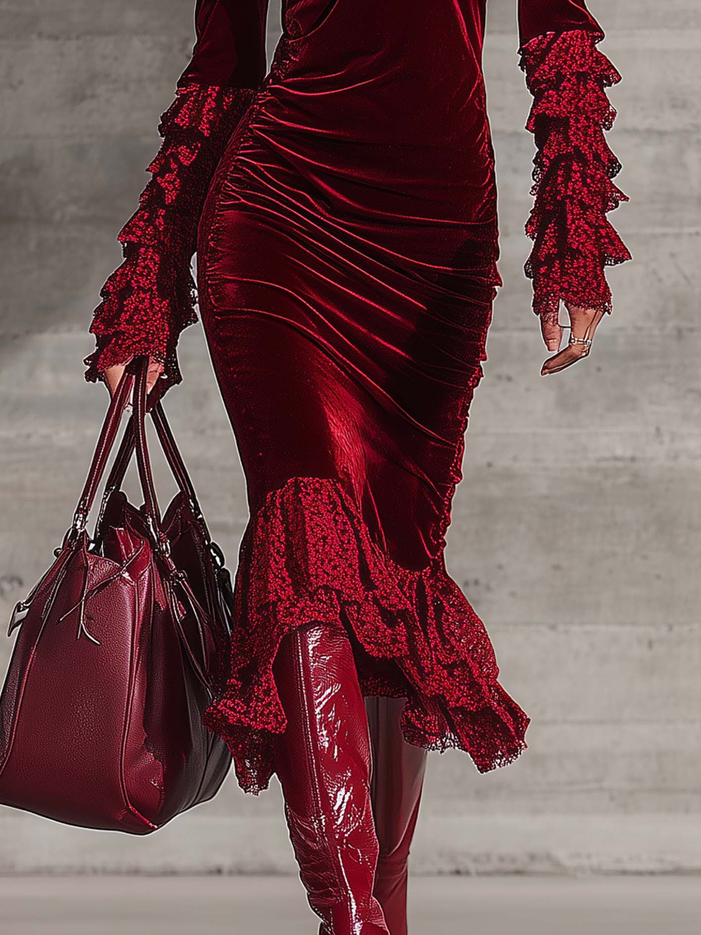 Red Velvet Lace Patchwork Hollow Out Bodycon Dress