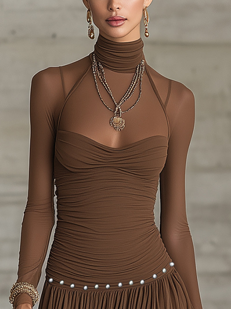 Brown Sheer Mesh Turtleneck Ruched Bodice Pleated Mini Dress