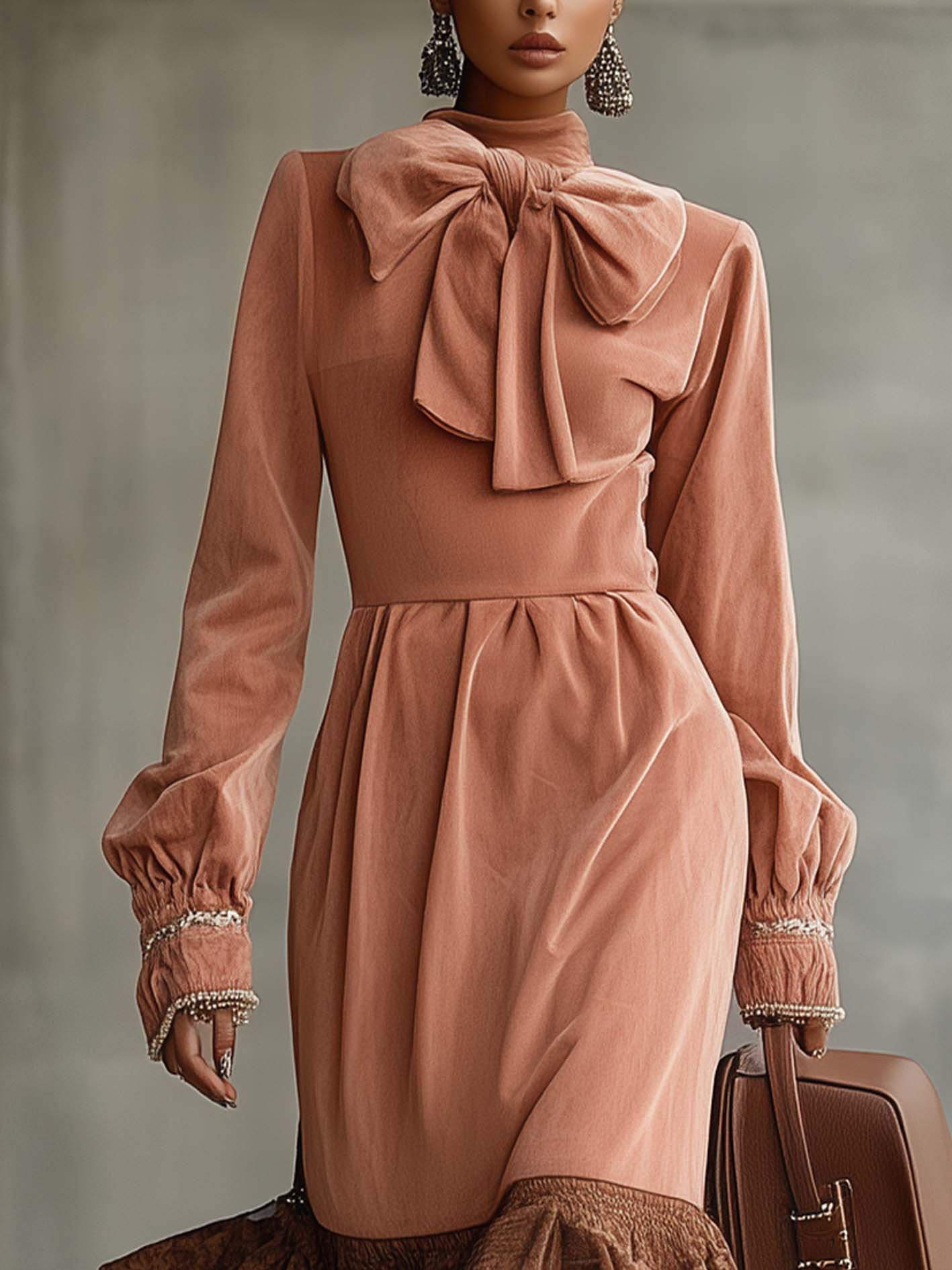 Light Pink Velvet Midi Dress With Lace And Bow