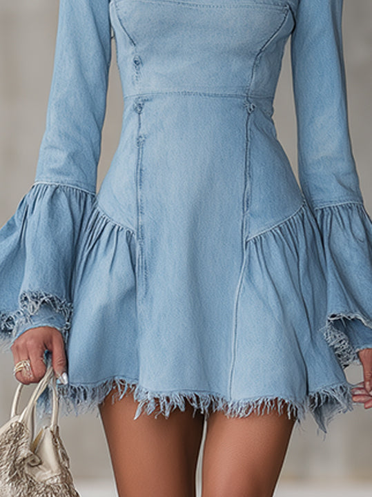 Light Blue Denim Frayed-Edge Bell-Sleeve A-Line Mini Dress