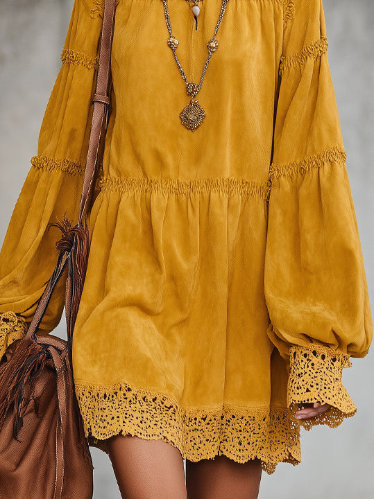 Yellow Faux Suede Mini Dress With Lace Trim And Voluminous Sleeves