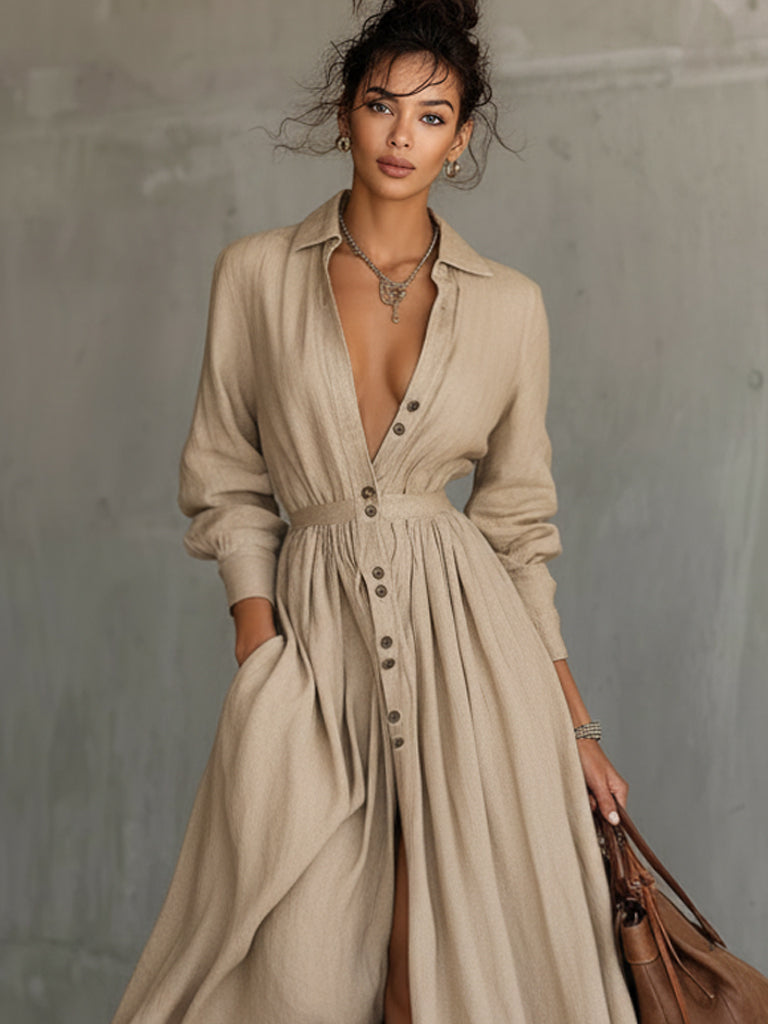 Elegant Beige Lace Trim Buttoned Maxi Dress