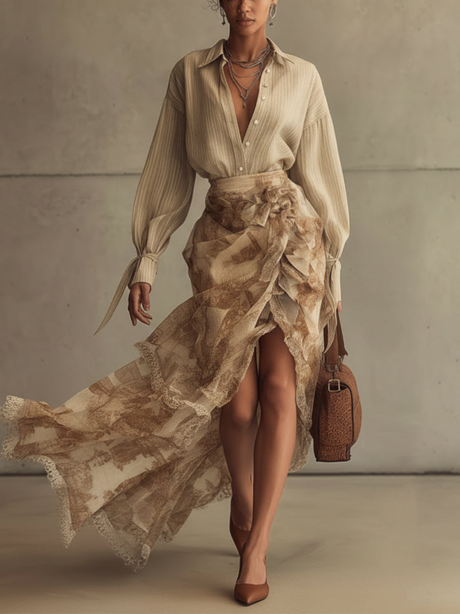 Brown Linen Blend Shirt And Chiffon Print Mermaid Skirt Set