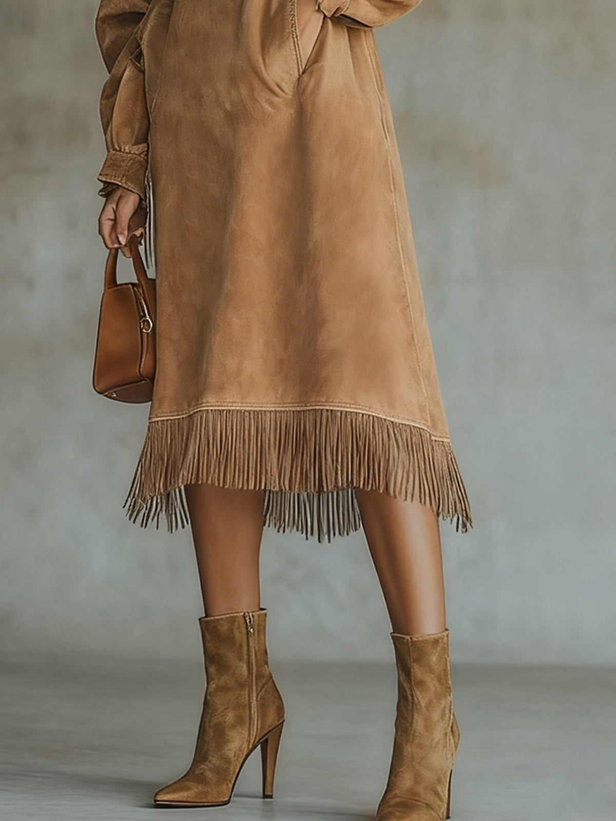 Khaki Square Suede Turtleneck Long Dress With Fringed Hem