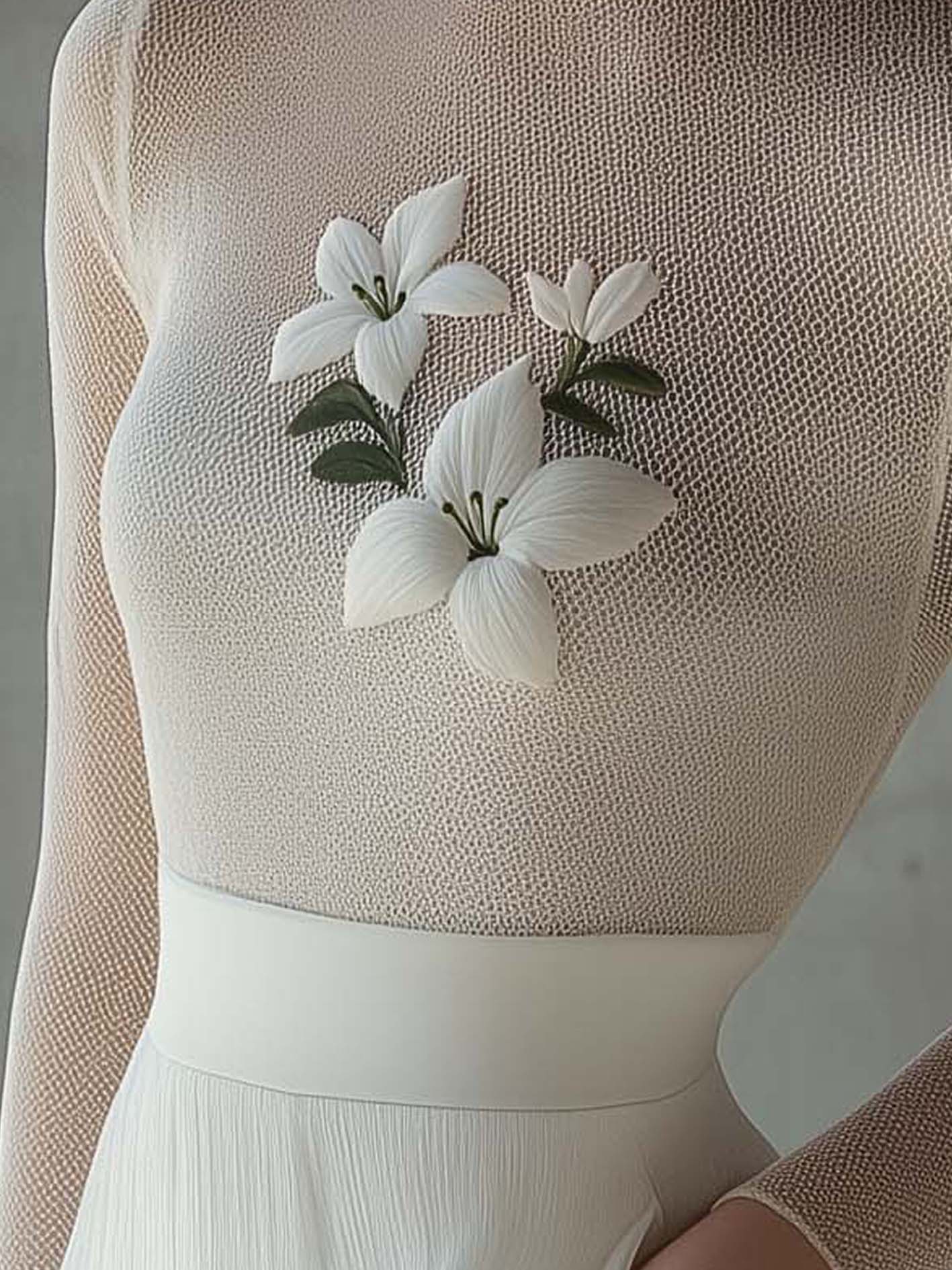 White Mesh T-shirt With Elegant White Embroidery