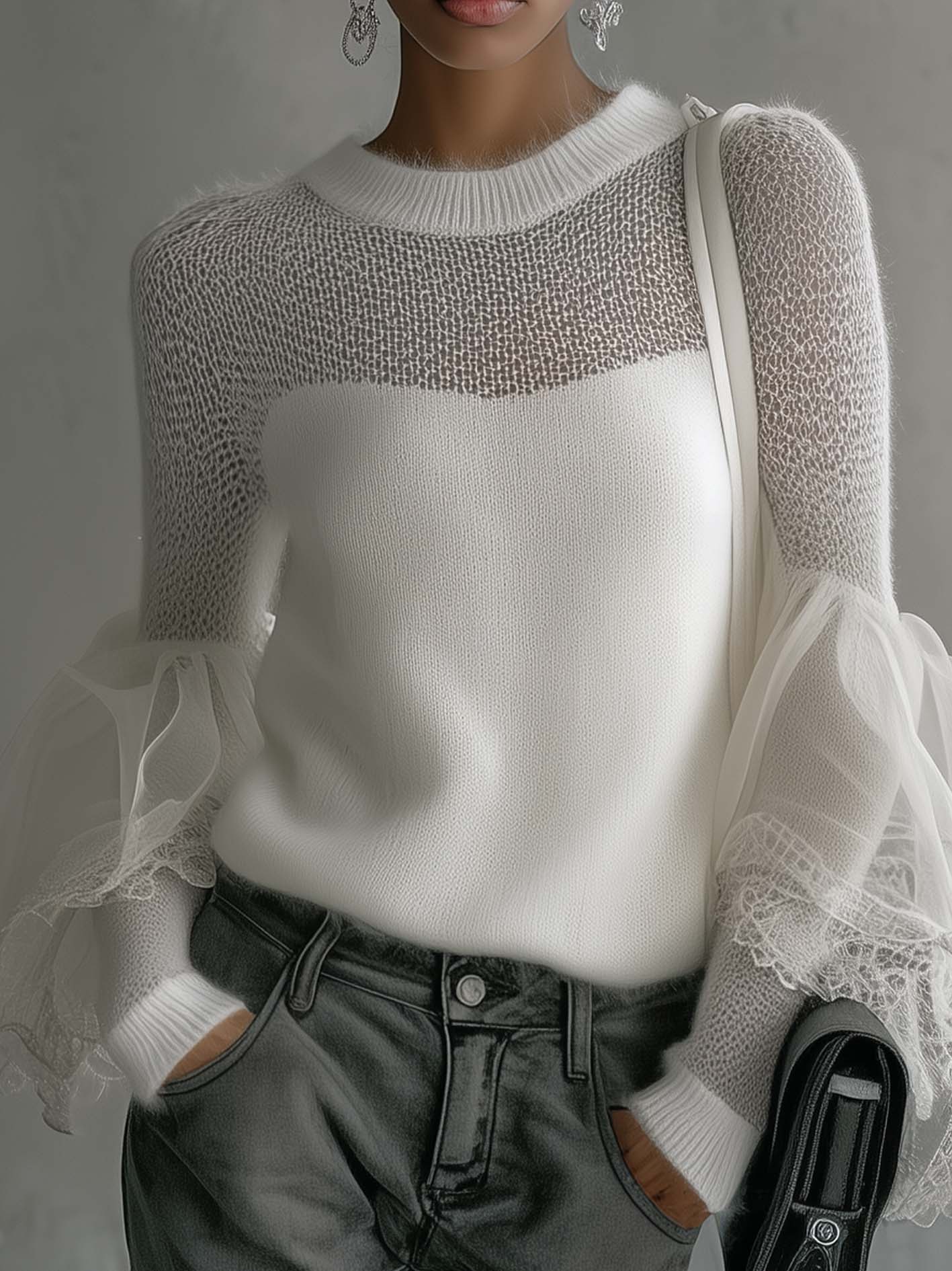 White Sheer Mesh Patchwork Sweater