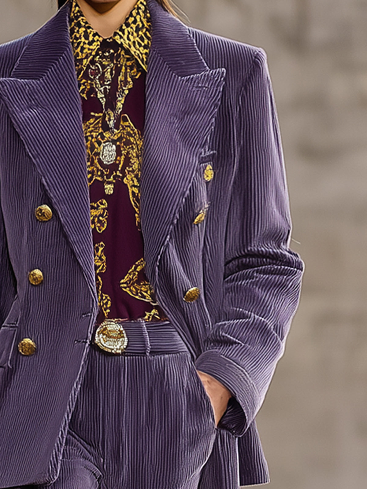Lavender Corduroy Double Breasted Blazer With Gold Accents
