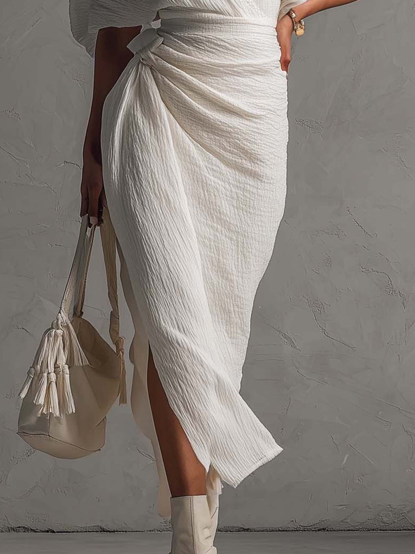 White Textured Cotton Linen Maxi Dress With Lace Trim