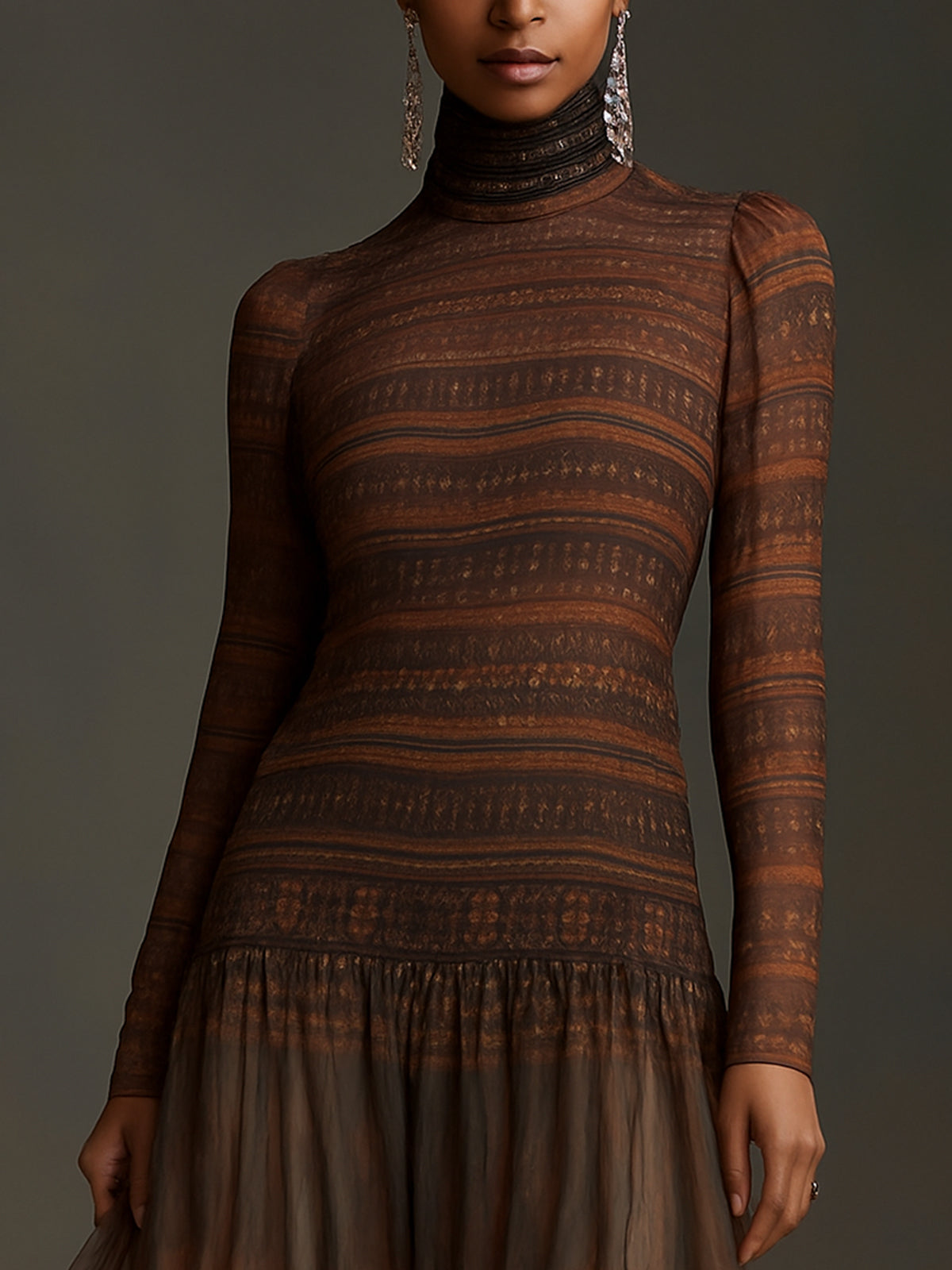 Brown Patterned High Neck Long Sleeve Dress With Sheer Hem