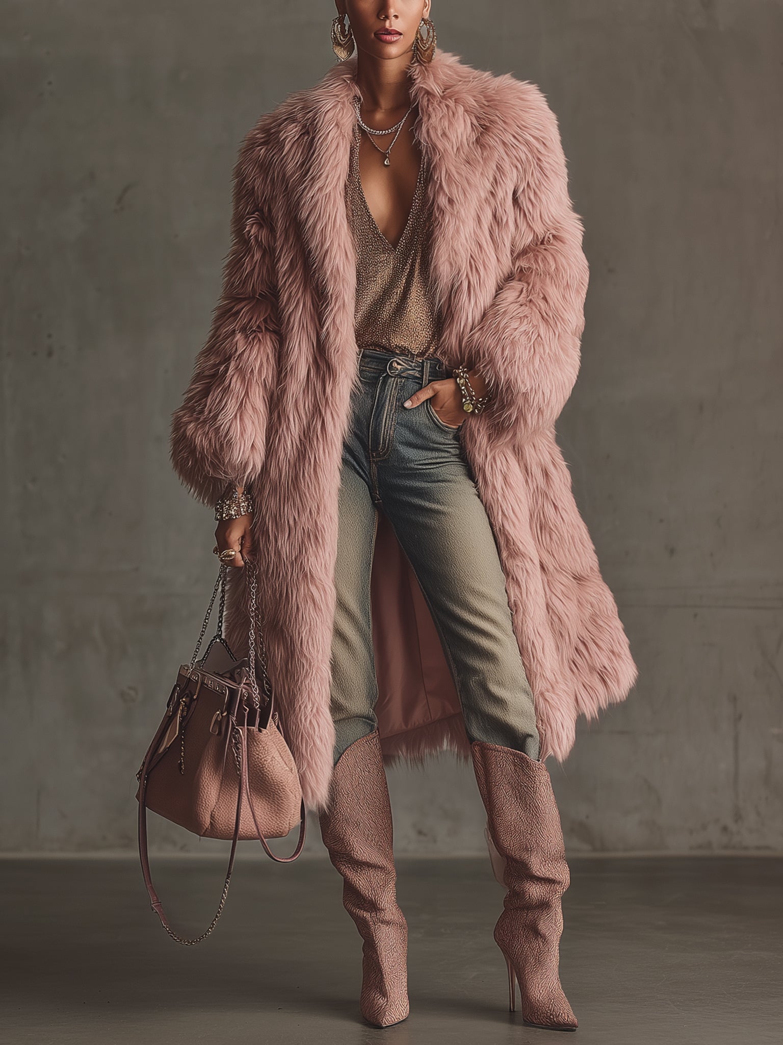 Pink Faux Shearling Eco Friendly Long Coat