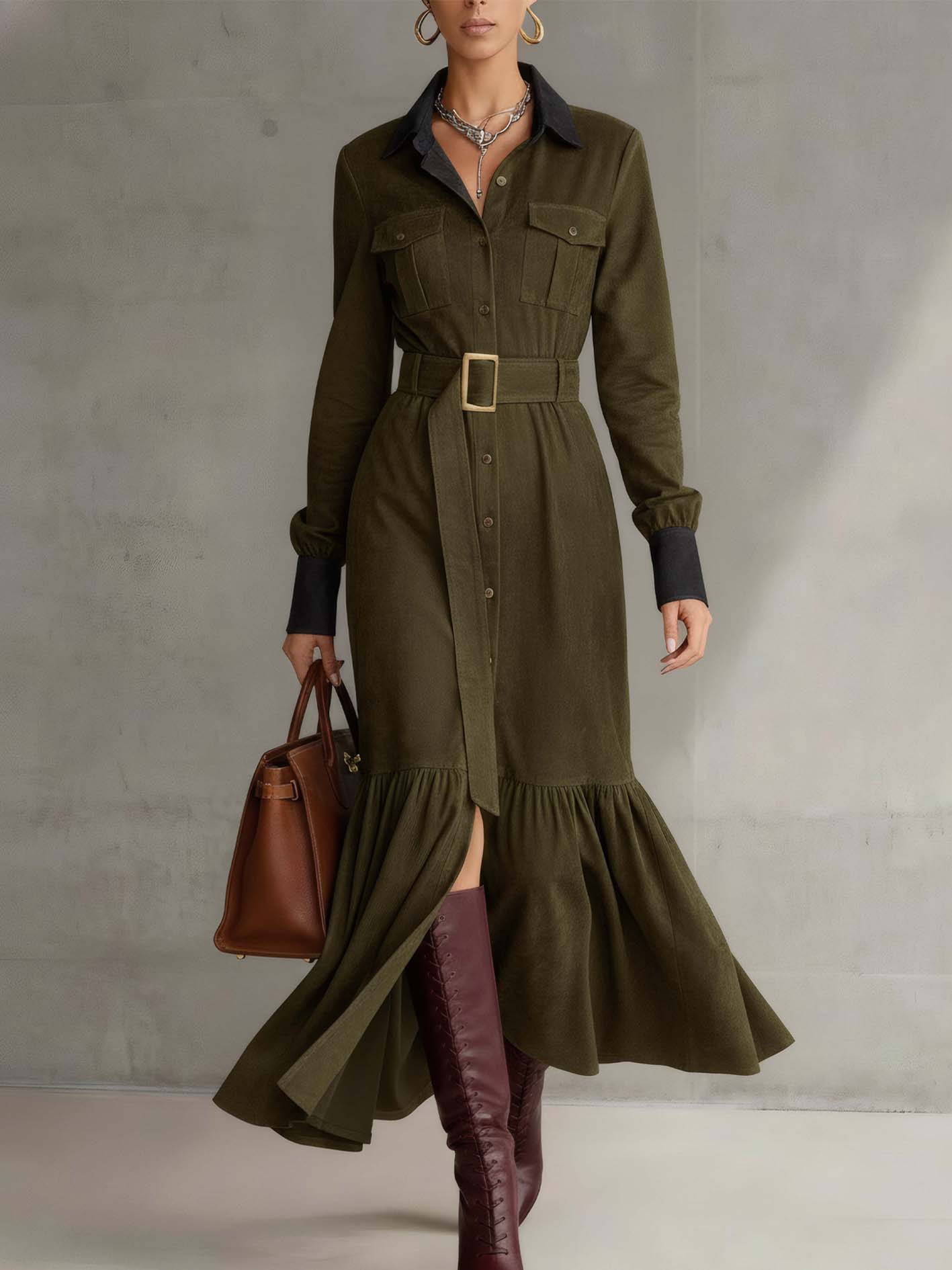 Olive Faux Suede Maxi Dress With Belt And Ruffled Hem