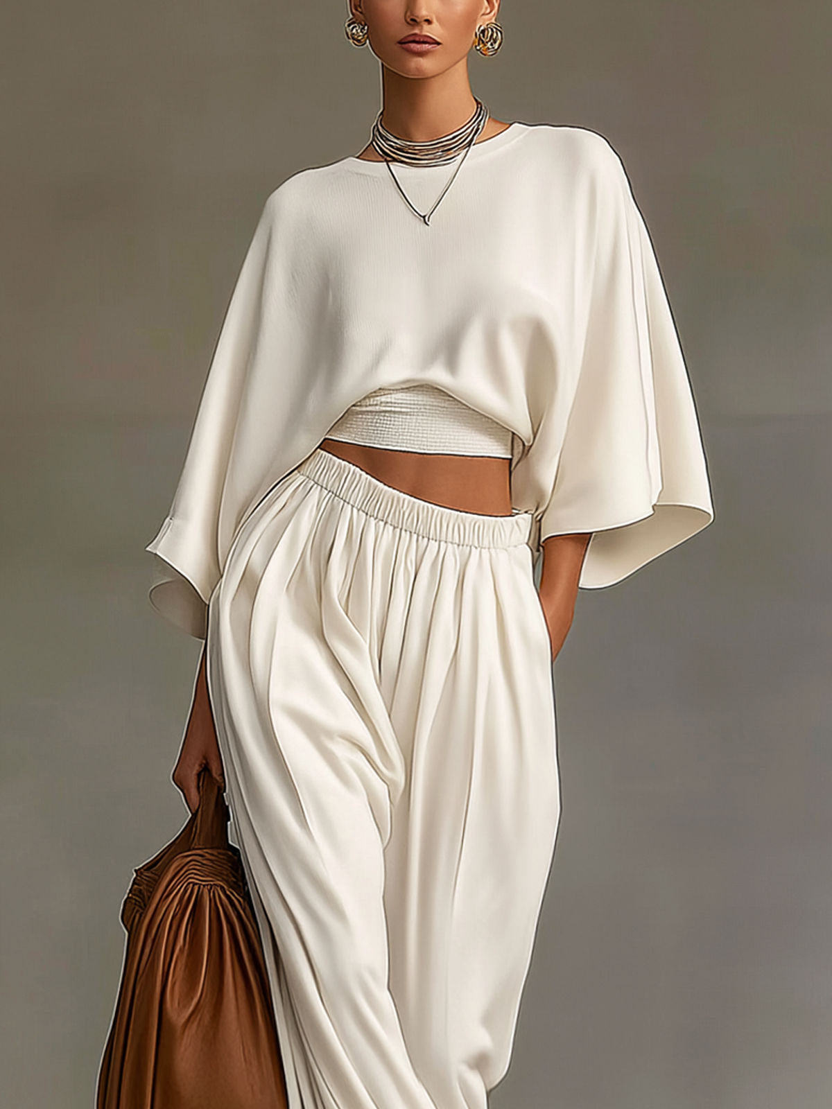 White Knit Cropped Batwing Sleeve High-waisted Wide-leg Trouser Suit