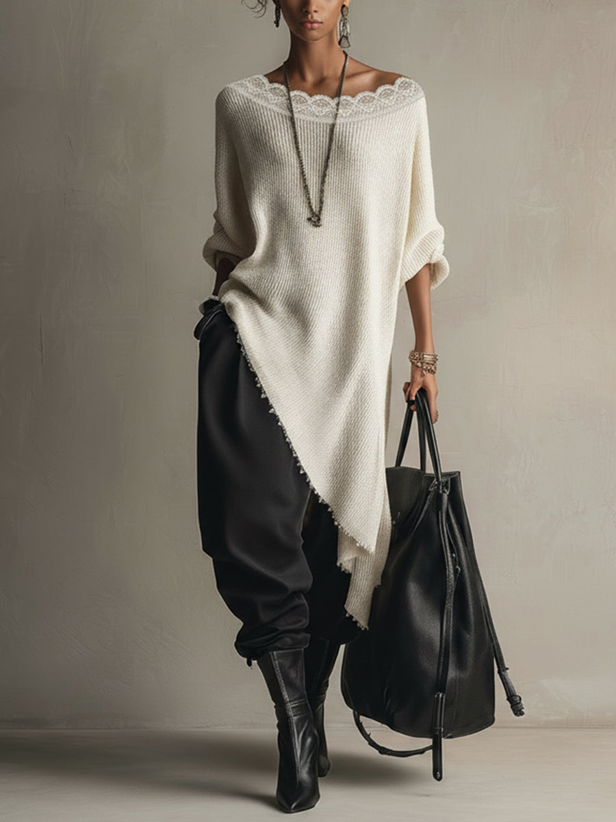 Cream Knitted Midi Dress With Irregular Hem And Lace Collar