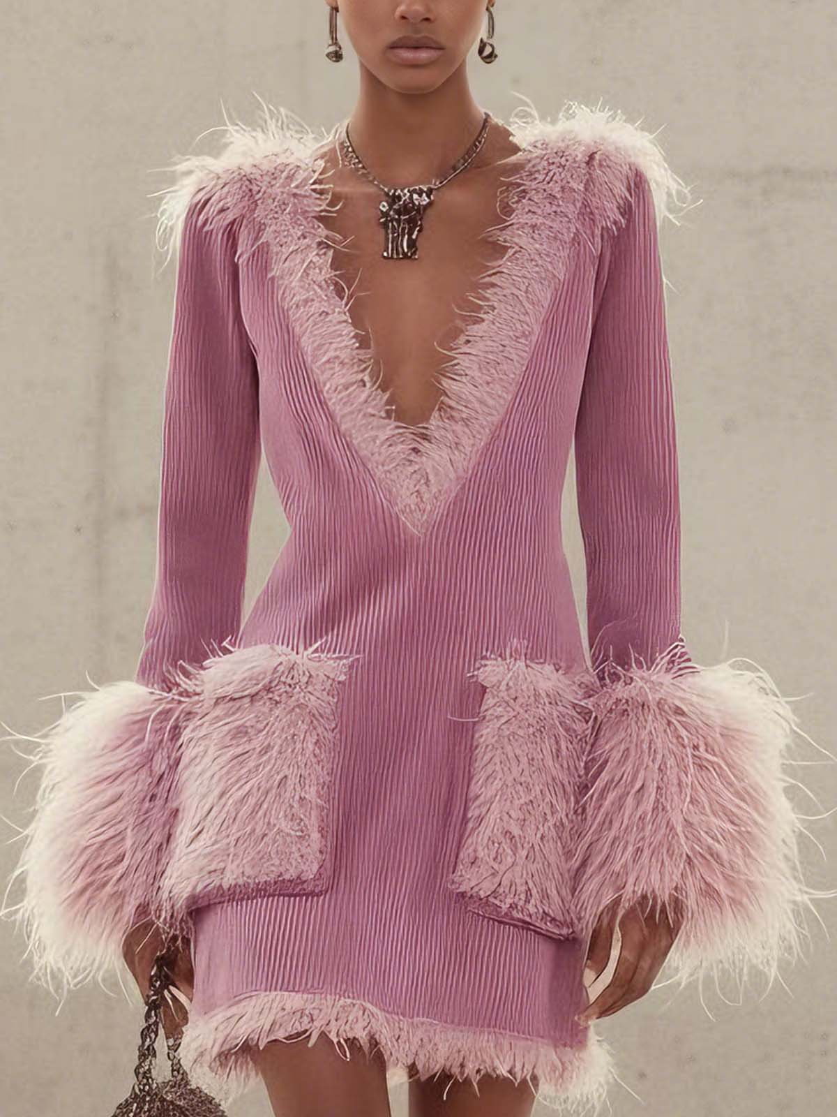 Pink Corduroy Feather-trimmed Double-pocket V-neck Dress