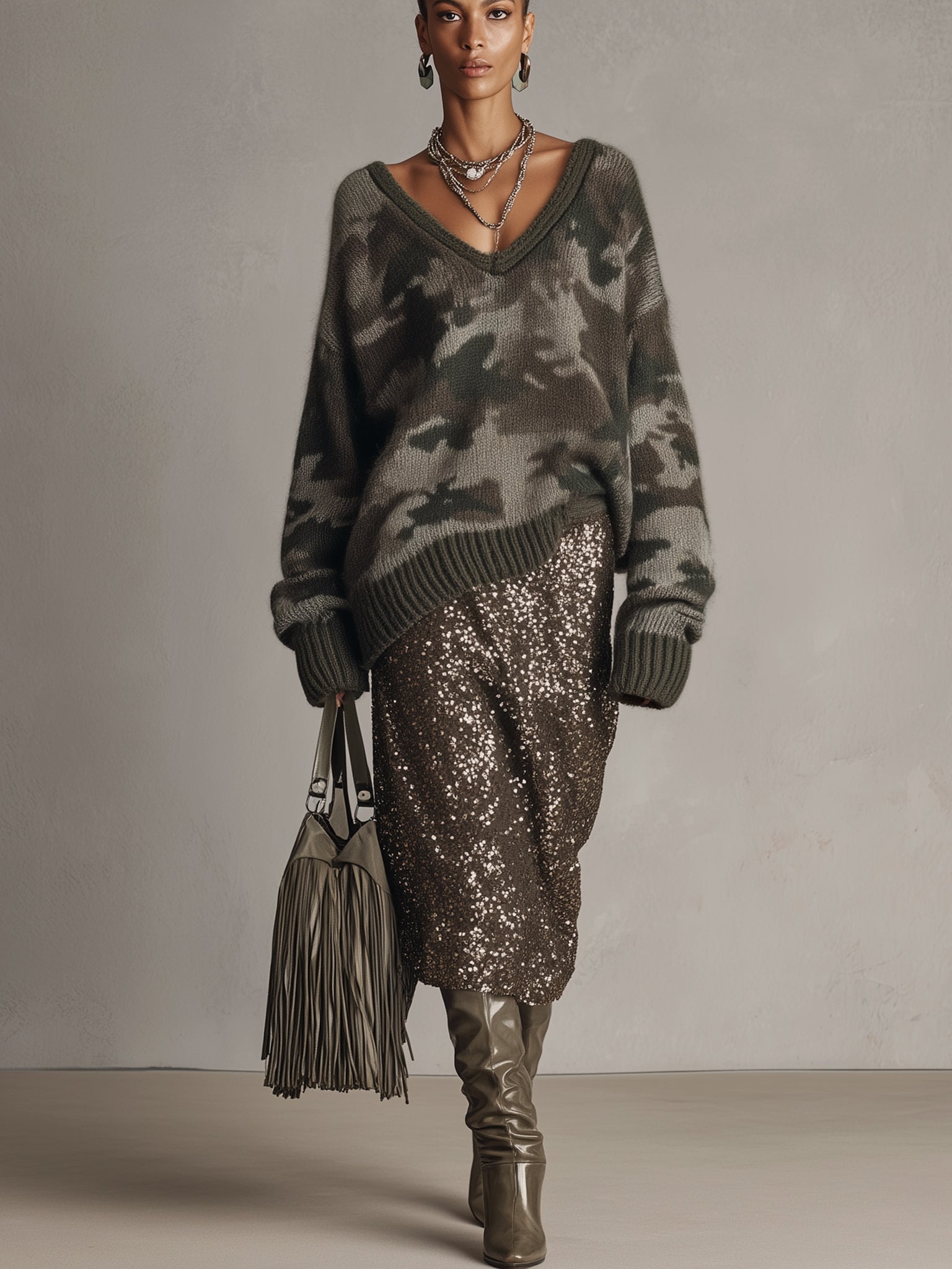 Green Knit V-Neck Camo Long Sleeve Sweater