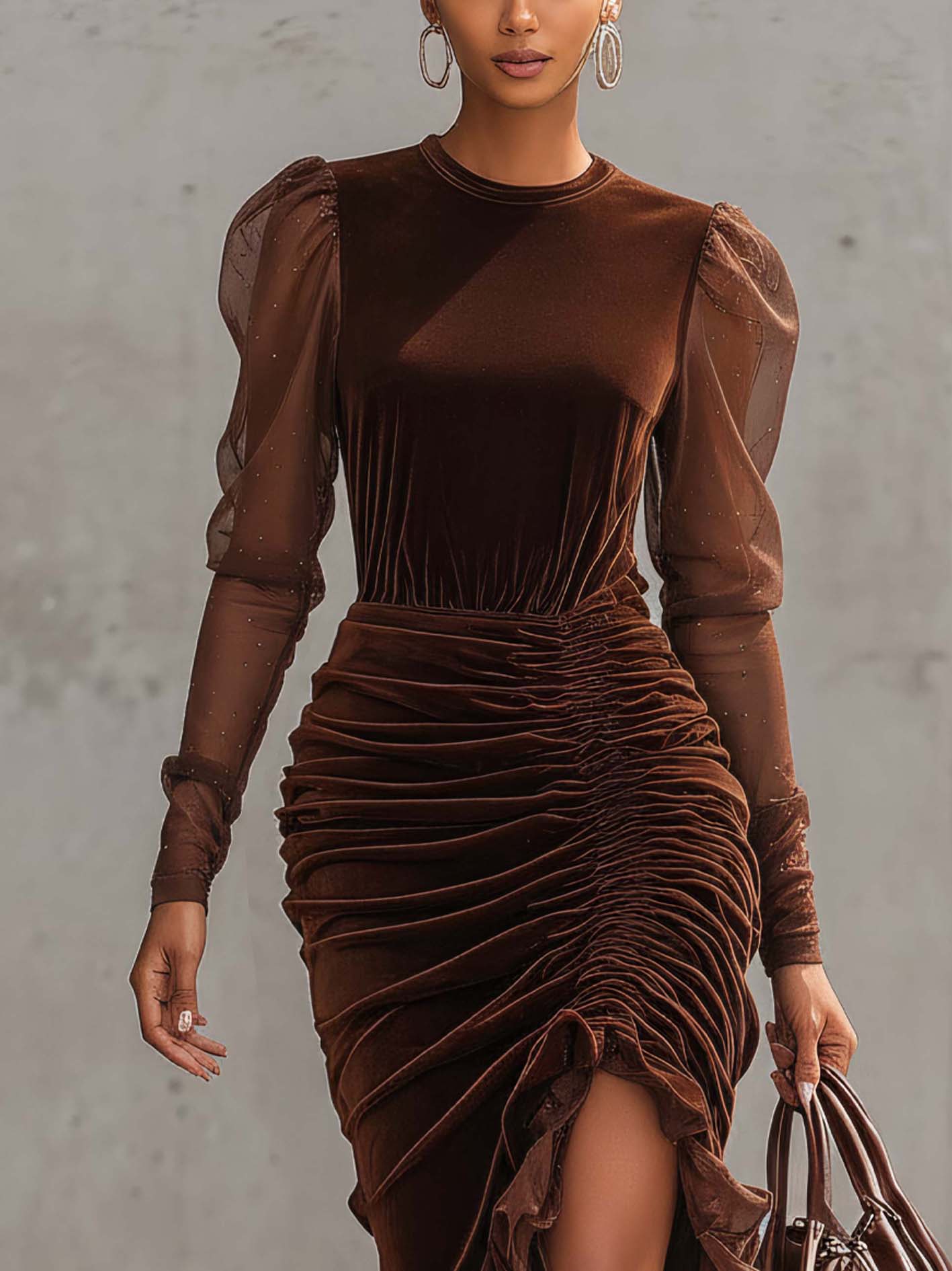 Brown Ruched Bodycon Velvet Dress With Puff Sleeves And Ruffled Hem