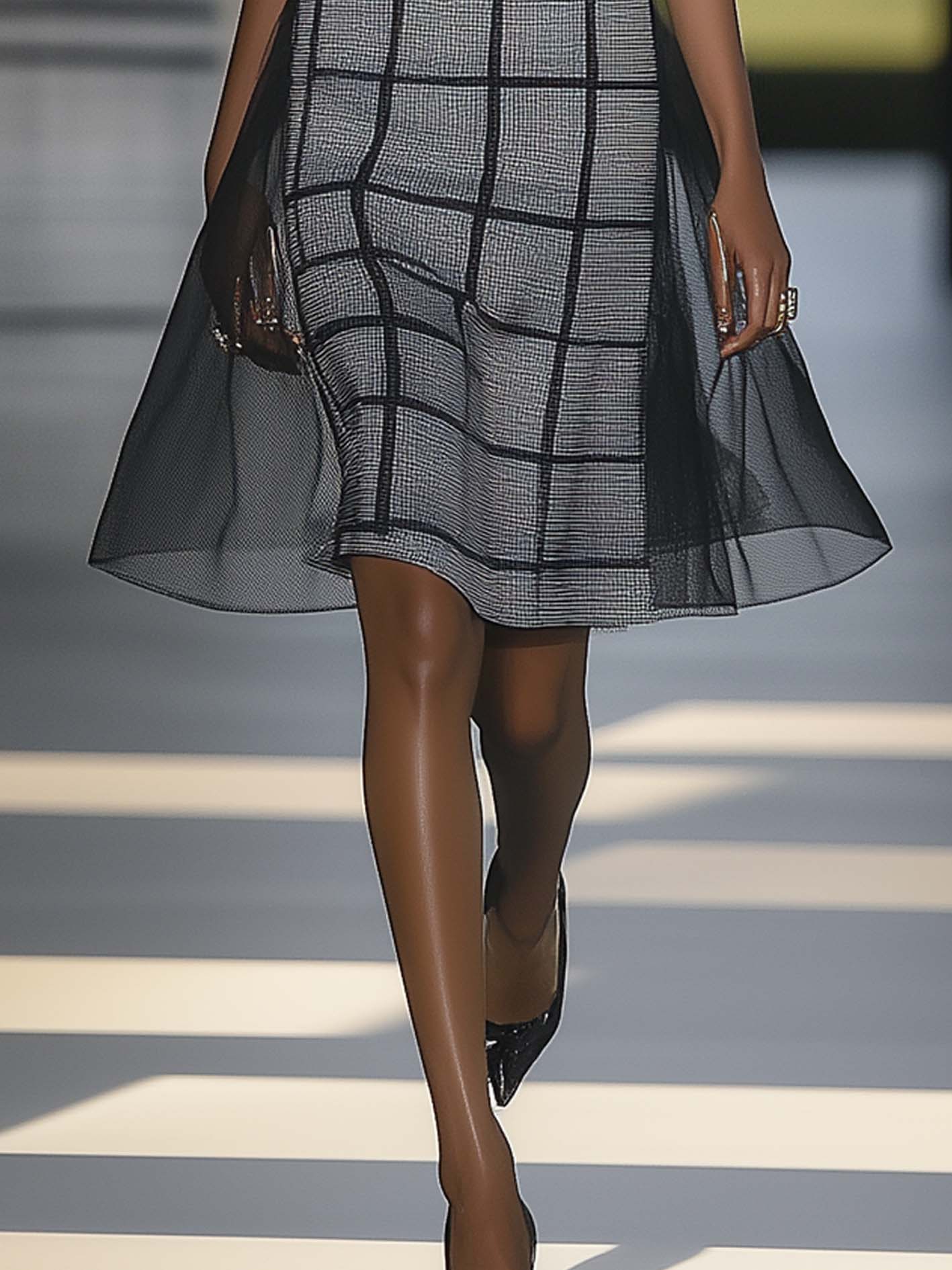Gray Midi Dress With Black Mesh Outer Layer And Black Checkered