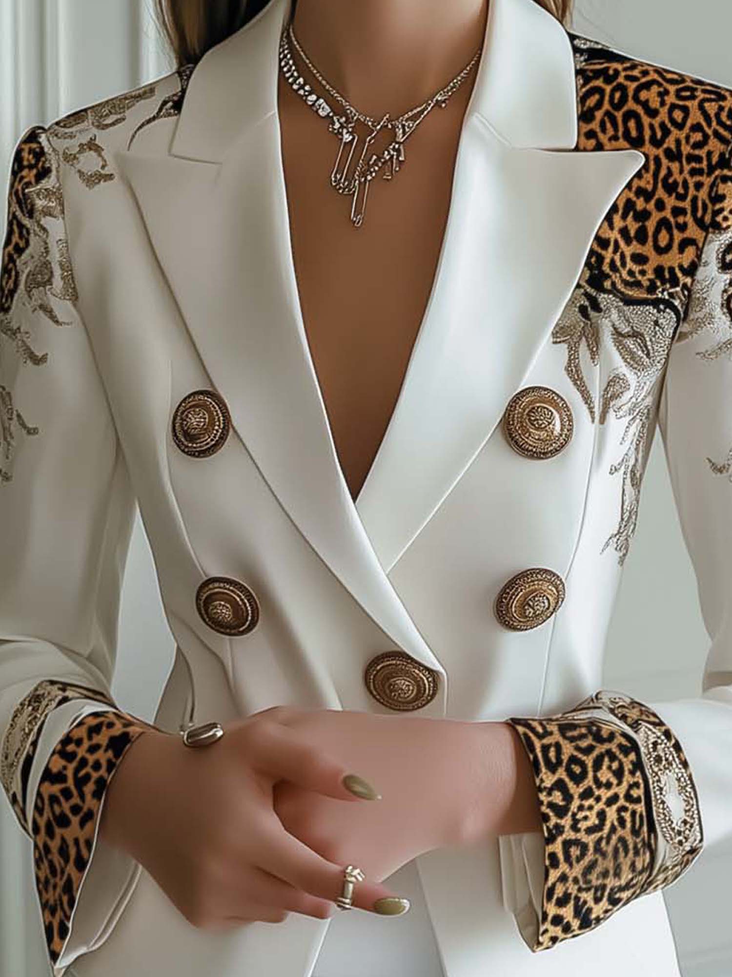 Stylish Lady White Satin Blazer With Leopard Print