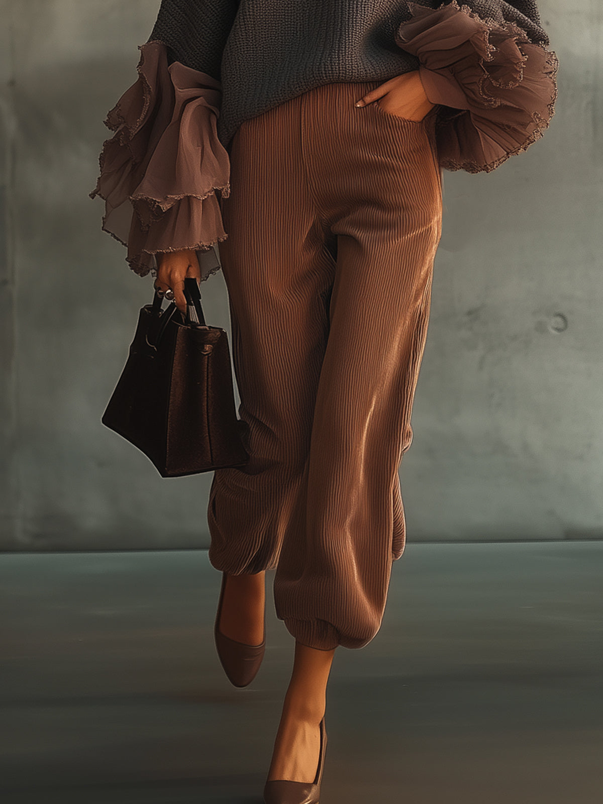 Ruffle Sleeve Turtleneck Sweater And Corduroy Trousers Set
