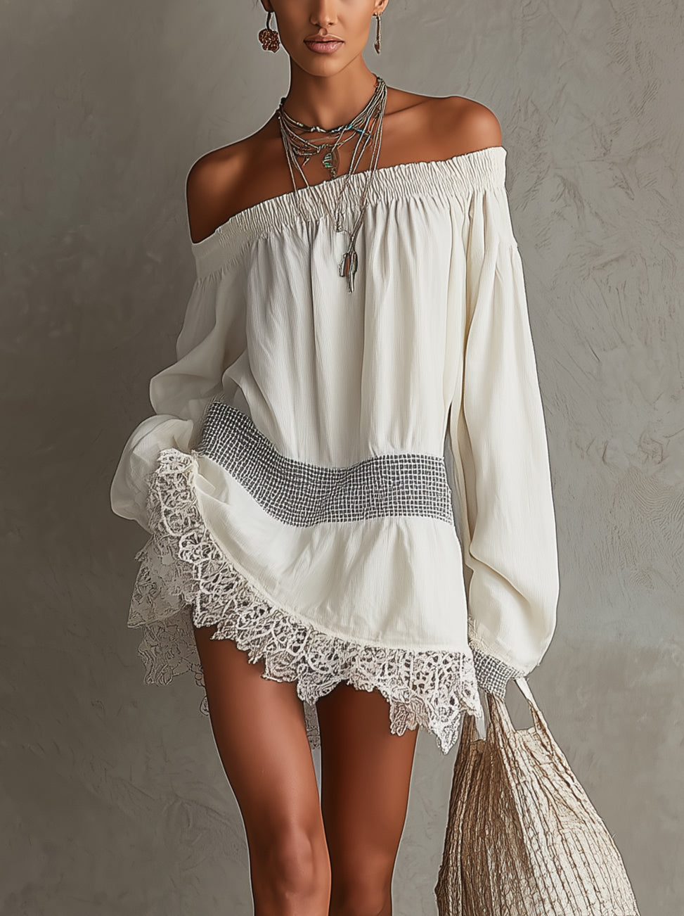 White Off-Shoulder Lace-Trim Mini Dress