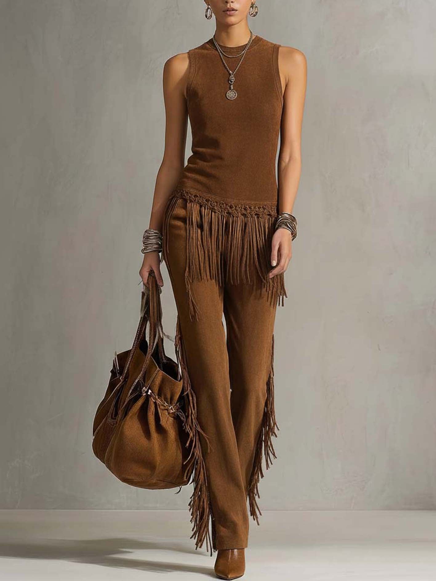 Brown Faux Suede Fringe Trim Two-Piece Set