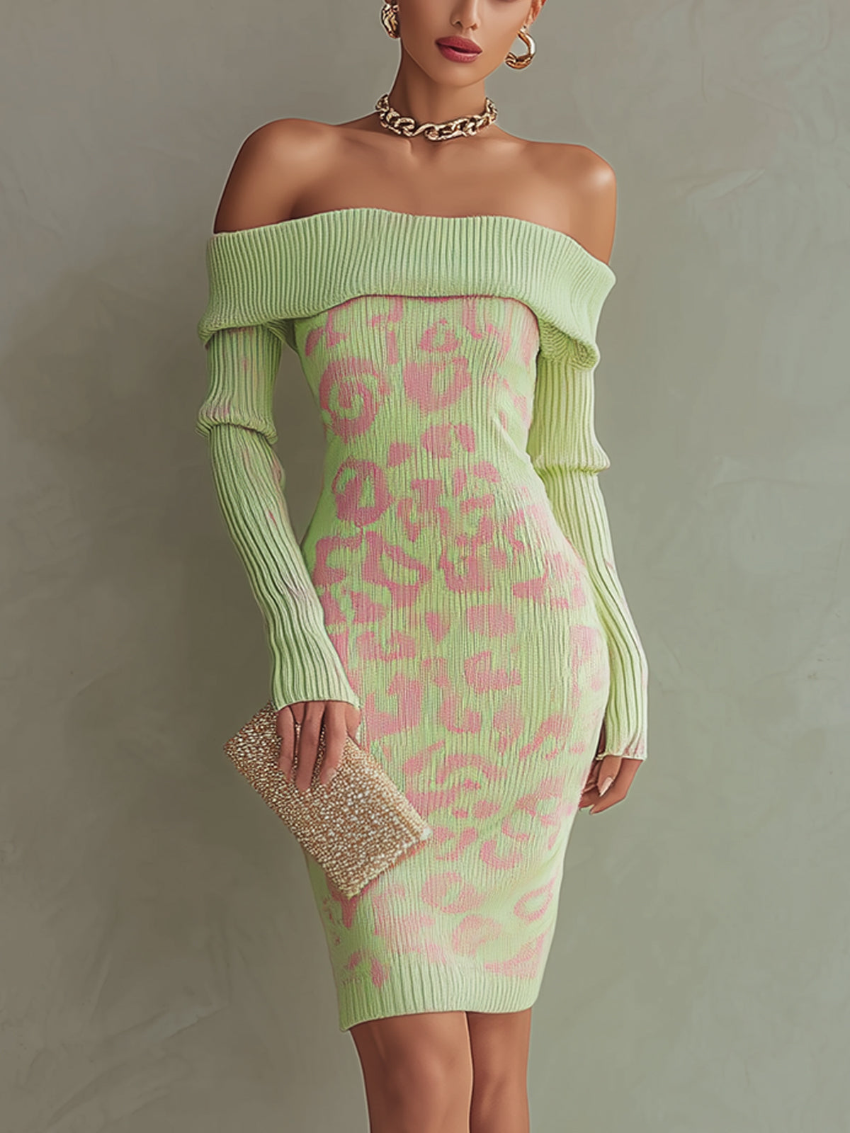 Neon Green Off-Shoulder Leopard Knit Bodycon Dress