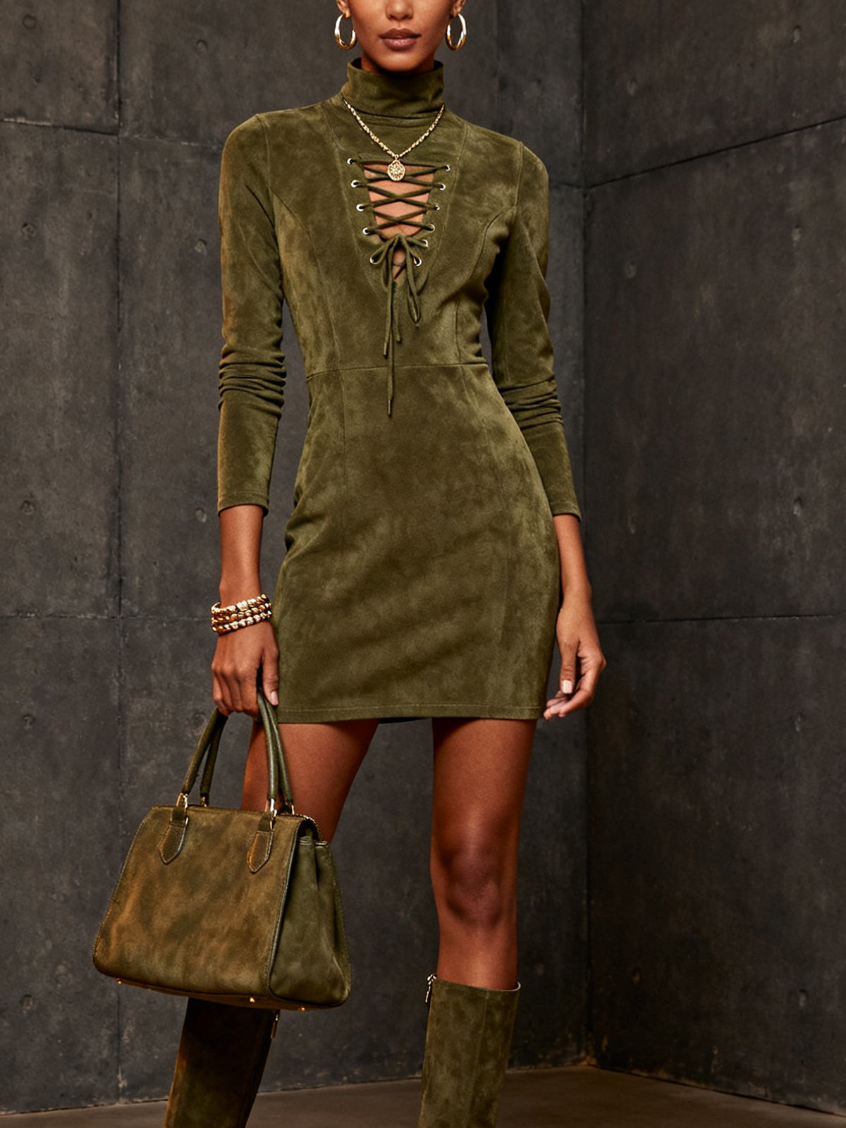 Olive Lace-Up Faux Suede Turtleneck Mini Dress