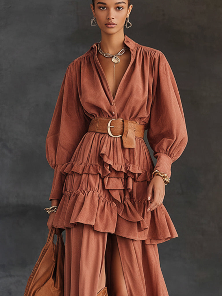 Dark Pink Ruffled Velvet Long Sleeve Maxi Dress With Belt