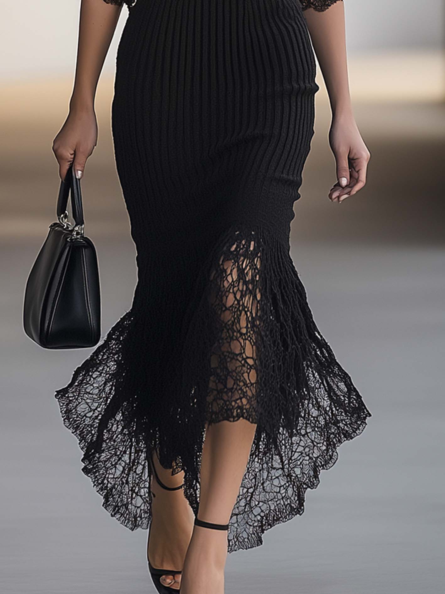 Black Knit Maxi Bodycon Dress With Mesh Lace And Tassels