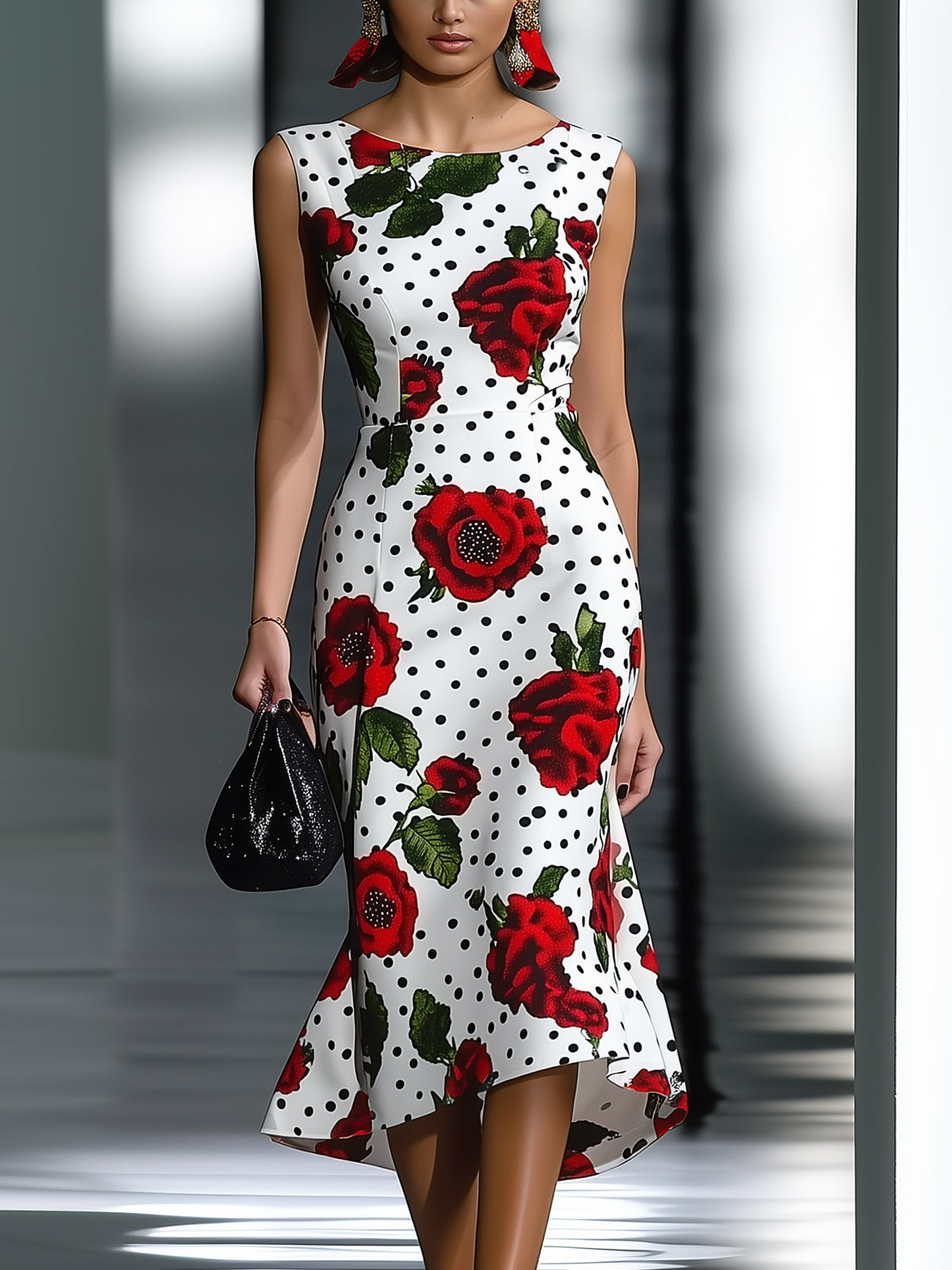 Polka Dot And Rose Print Bodycon Dress