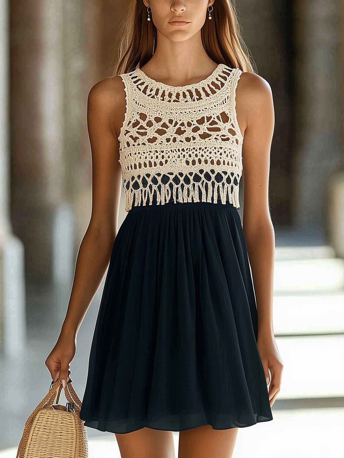 Knit Hollow Out Neckline Chiffon Mini Dress