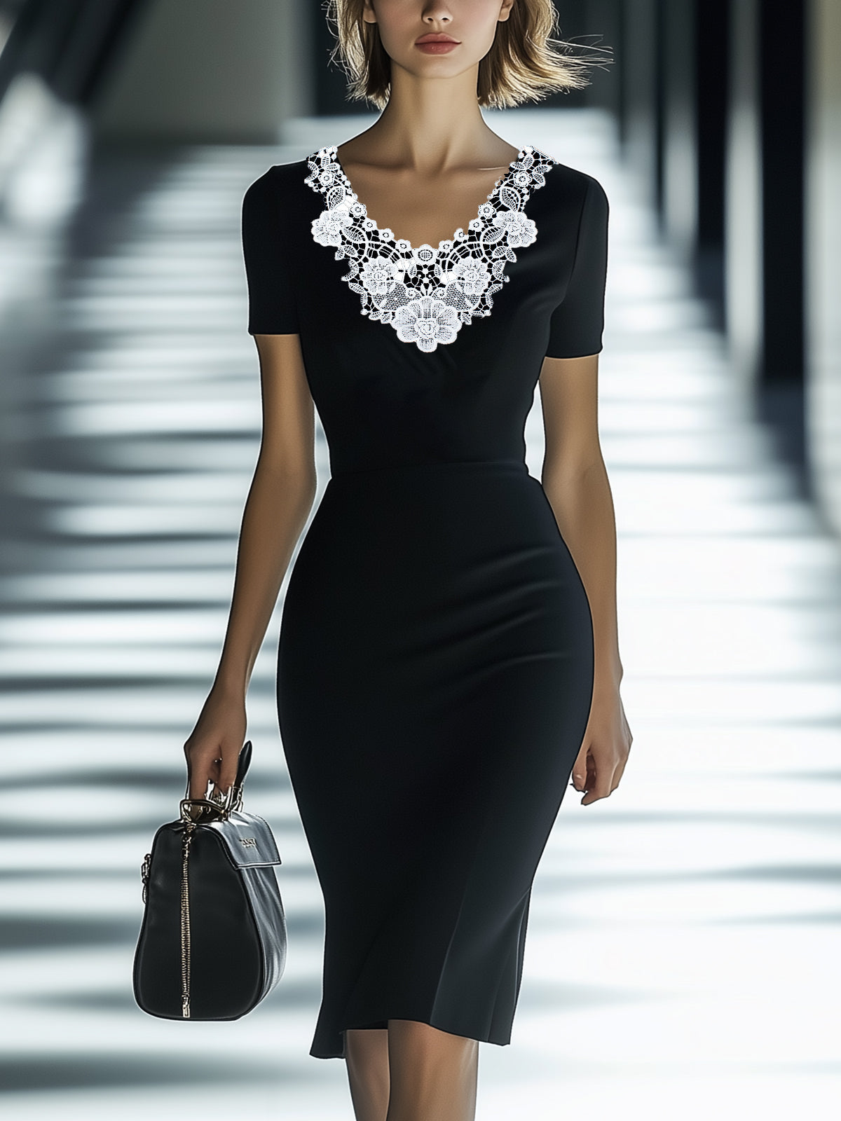Lace V-Neck Short Sleeve Bodycon Dress
