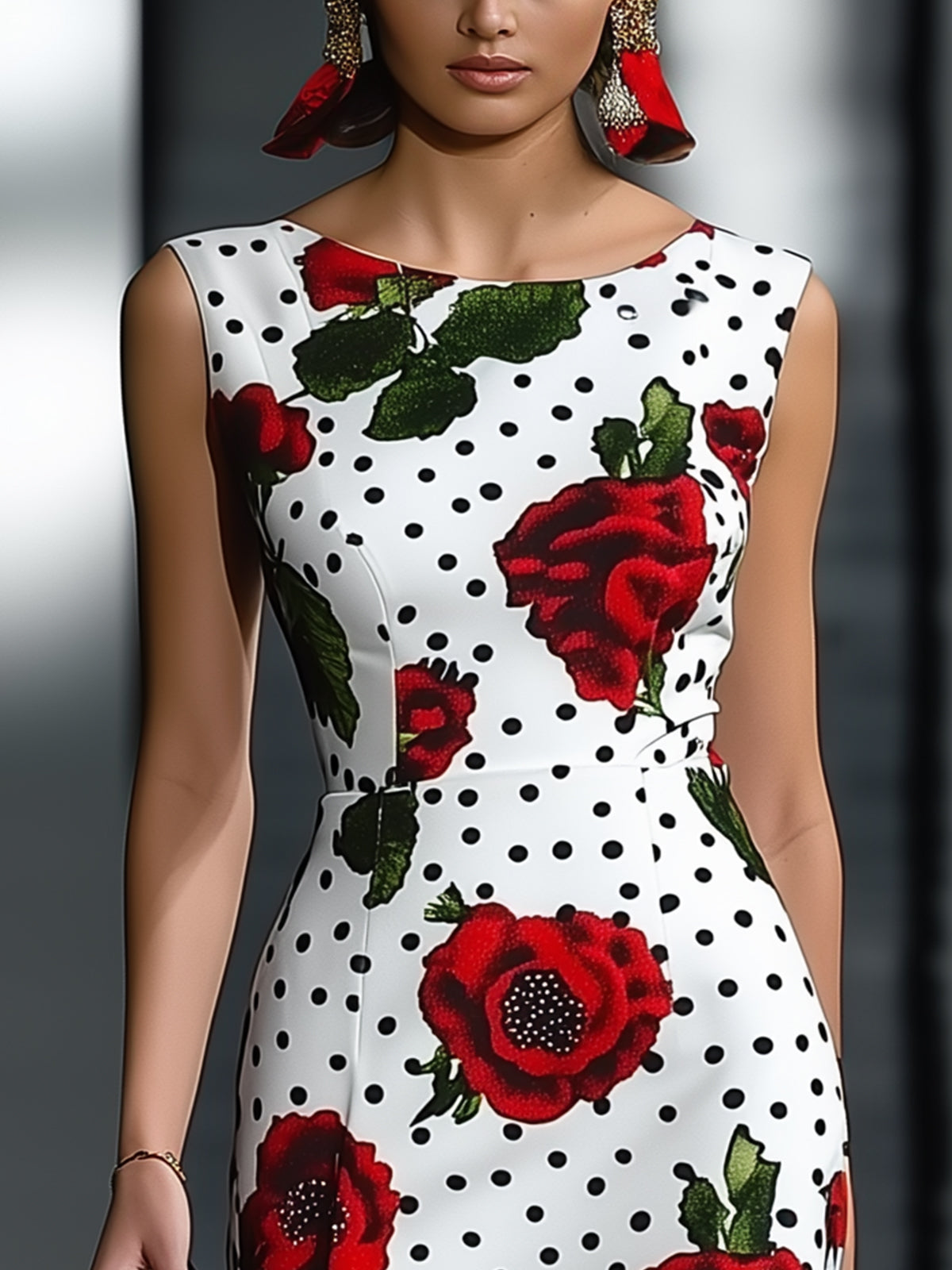 Polka Dot And Rose Print Bodycon Dress