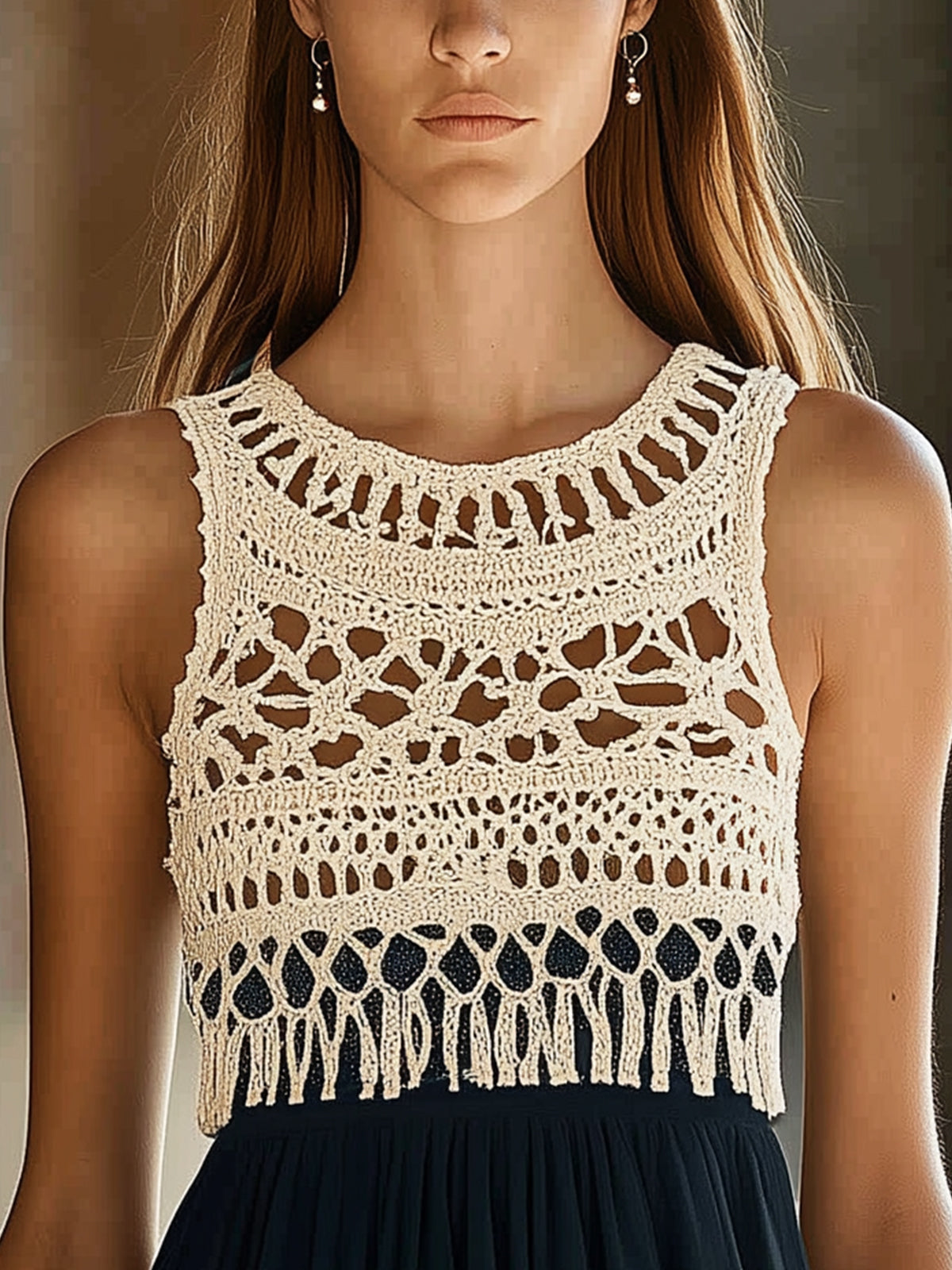 Knit Hollow Out Neckline Chiffon Mini Dress