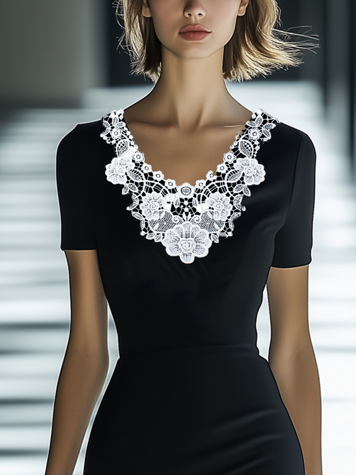 Lace V-Neck Short Sleeve Bodycon Dress
