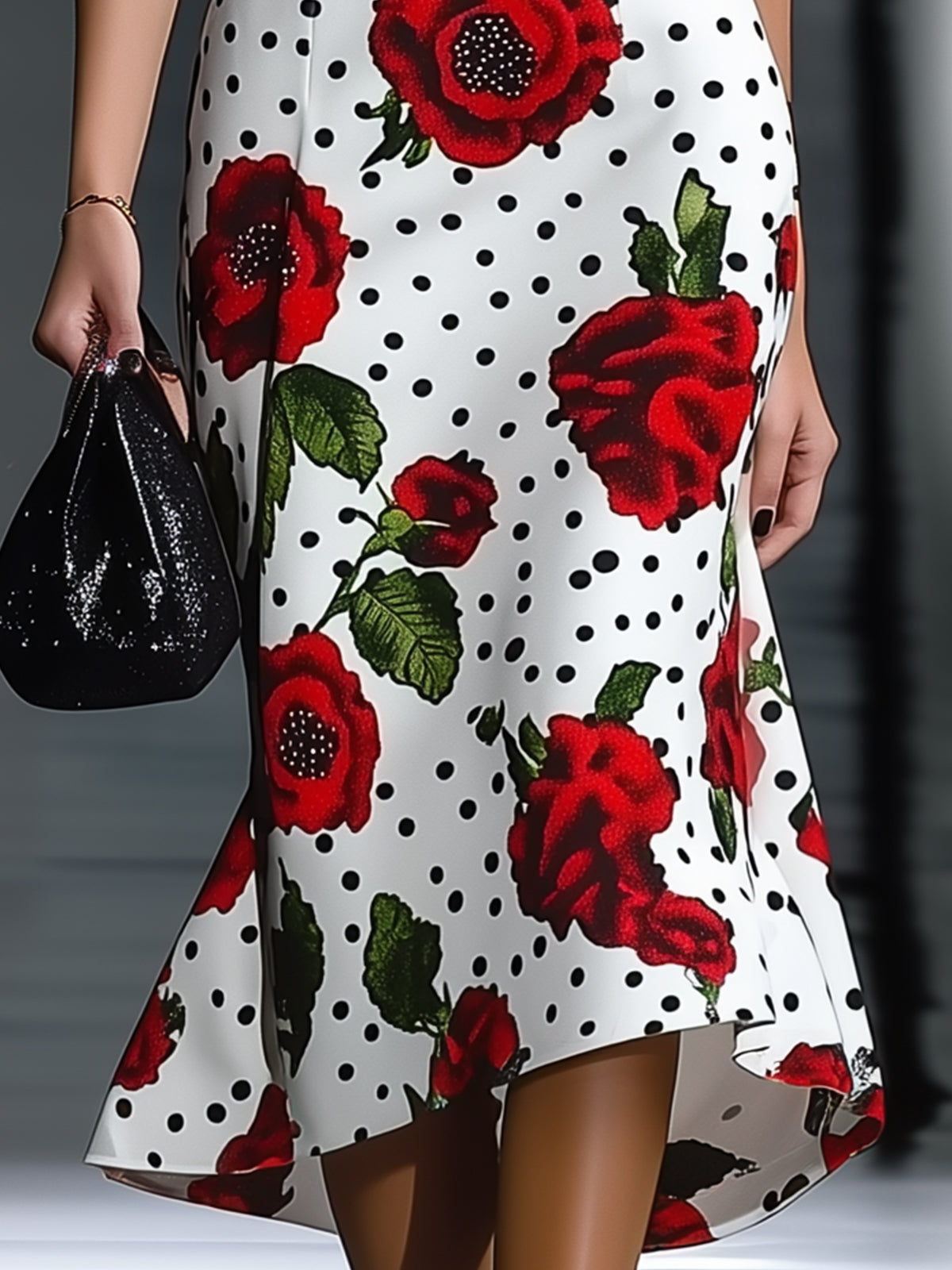 Polka Dot And Rose Print Bodycon Dress