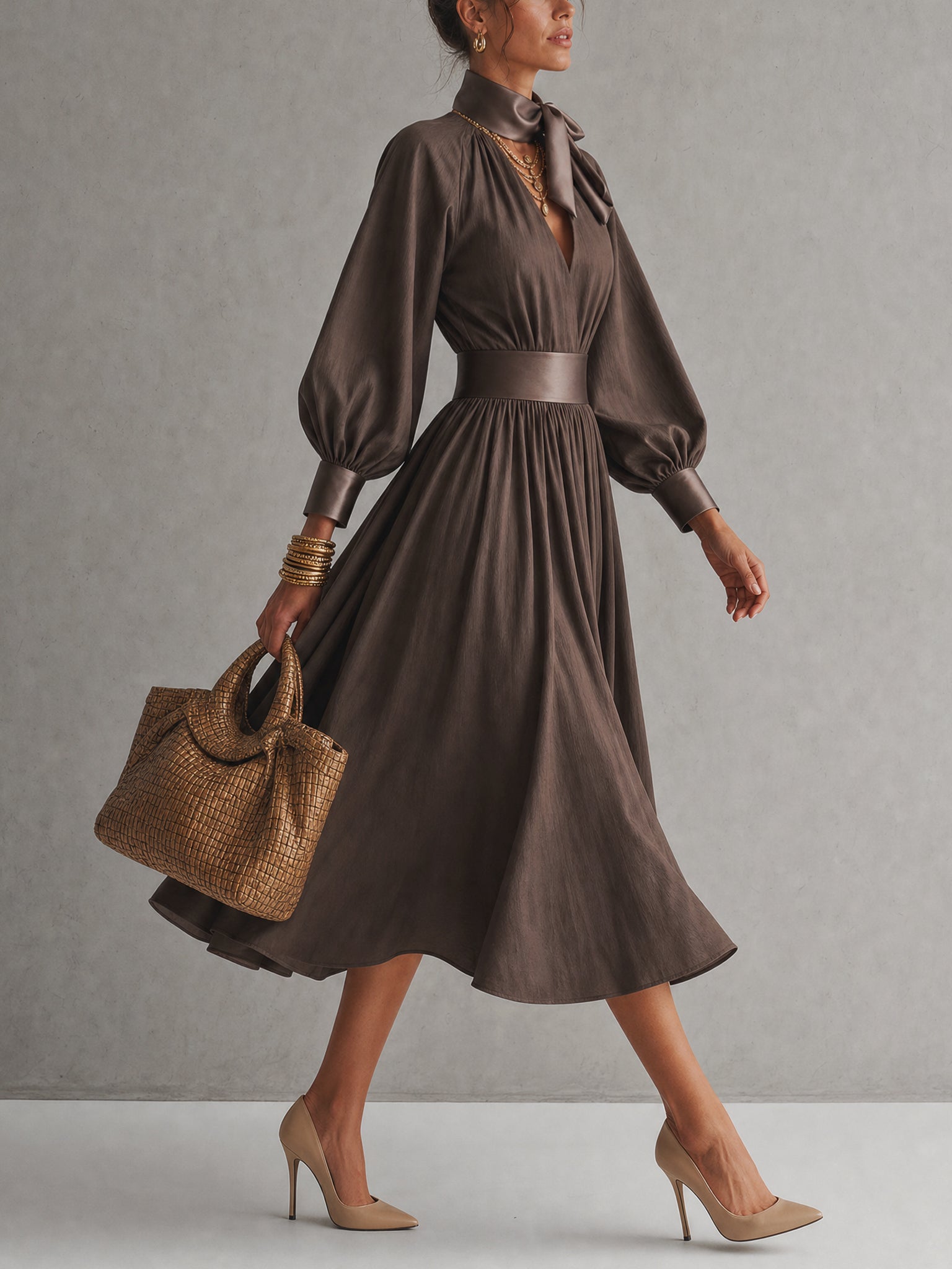 Cocoa Satin Panel Tie Neck Midi Dress