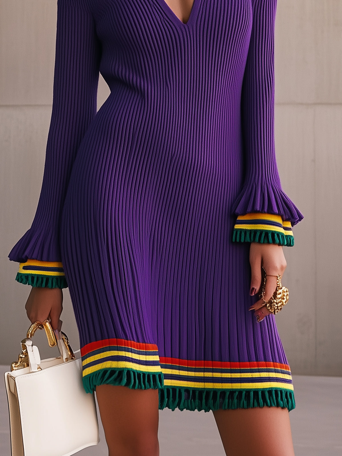 Purple Ribbed Knit Flared Cuff Off Shoulder Long Sleeve Mini Dress