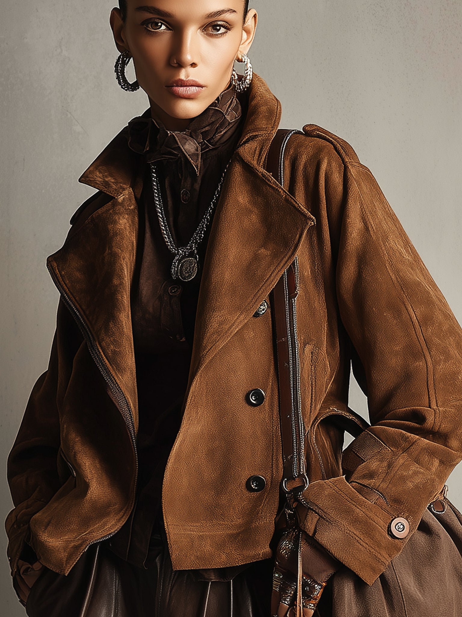 Brown Faux Suede Double Breasted Long Sleeve Jacket