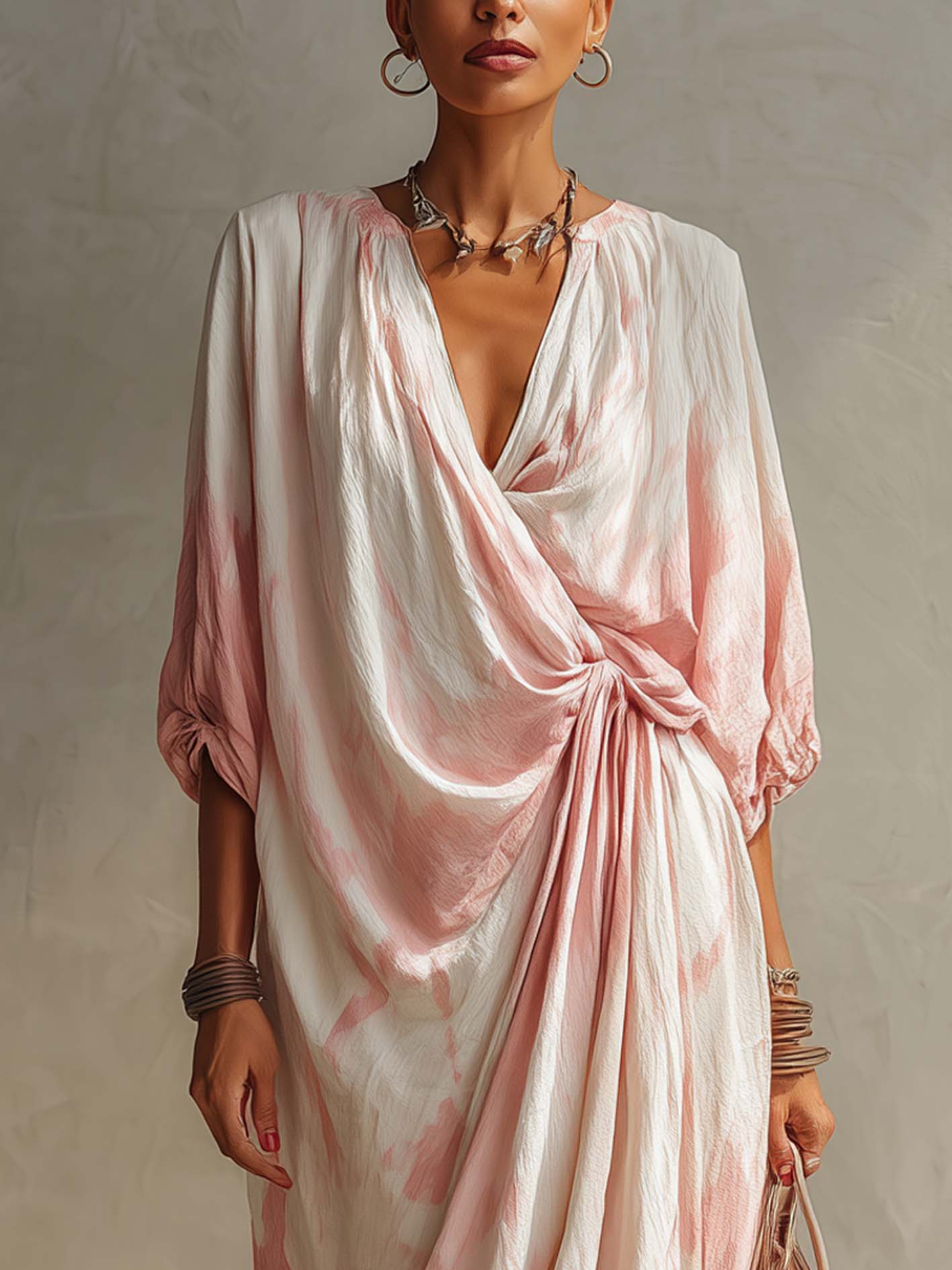 White Cotton-Linen Maxi Dress With Pink Ombre Print