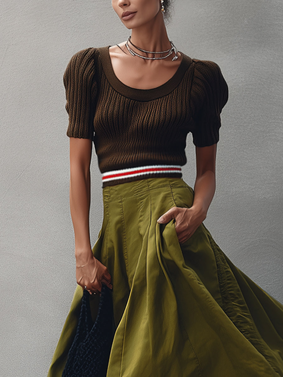 Brown Knit Top And Green Flare Skirt Set