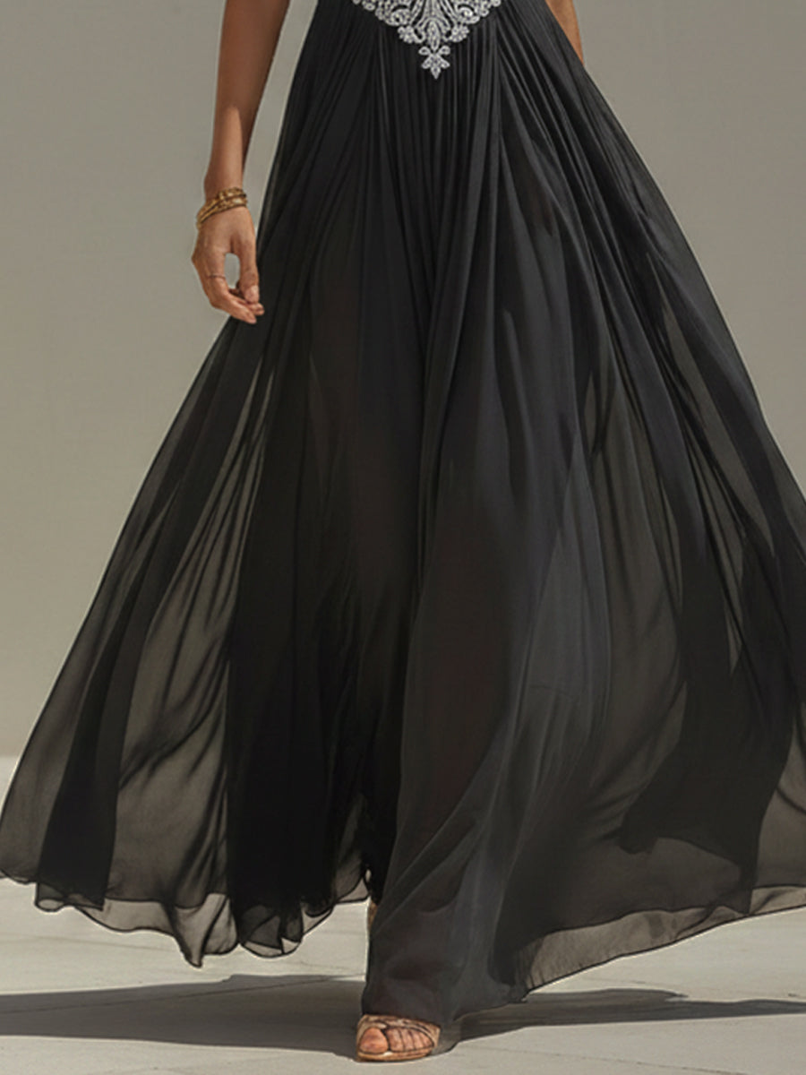 Black Chiffon Embroidered Cutout Hand Sewn Maxi Dress