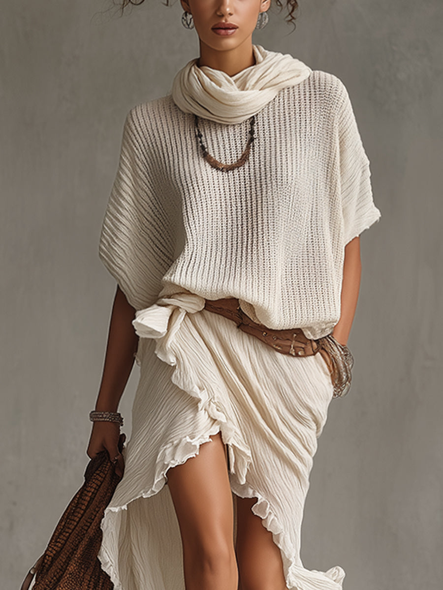 Cream Knit Loose Top And Pleated Skirt Set
