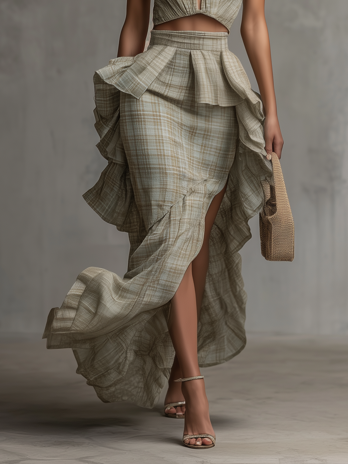 Green Plaid Ruffled Halter Maxi Dress